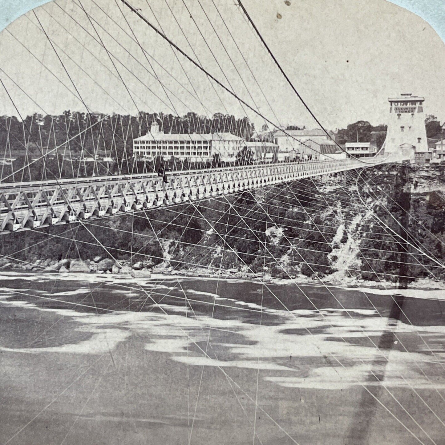 Man Sits at the Edge of Suspension Bridge Stereoview Niagara Falls c1870s Y1828