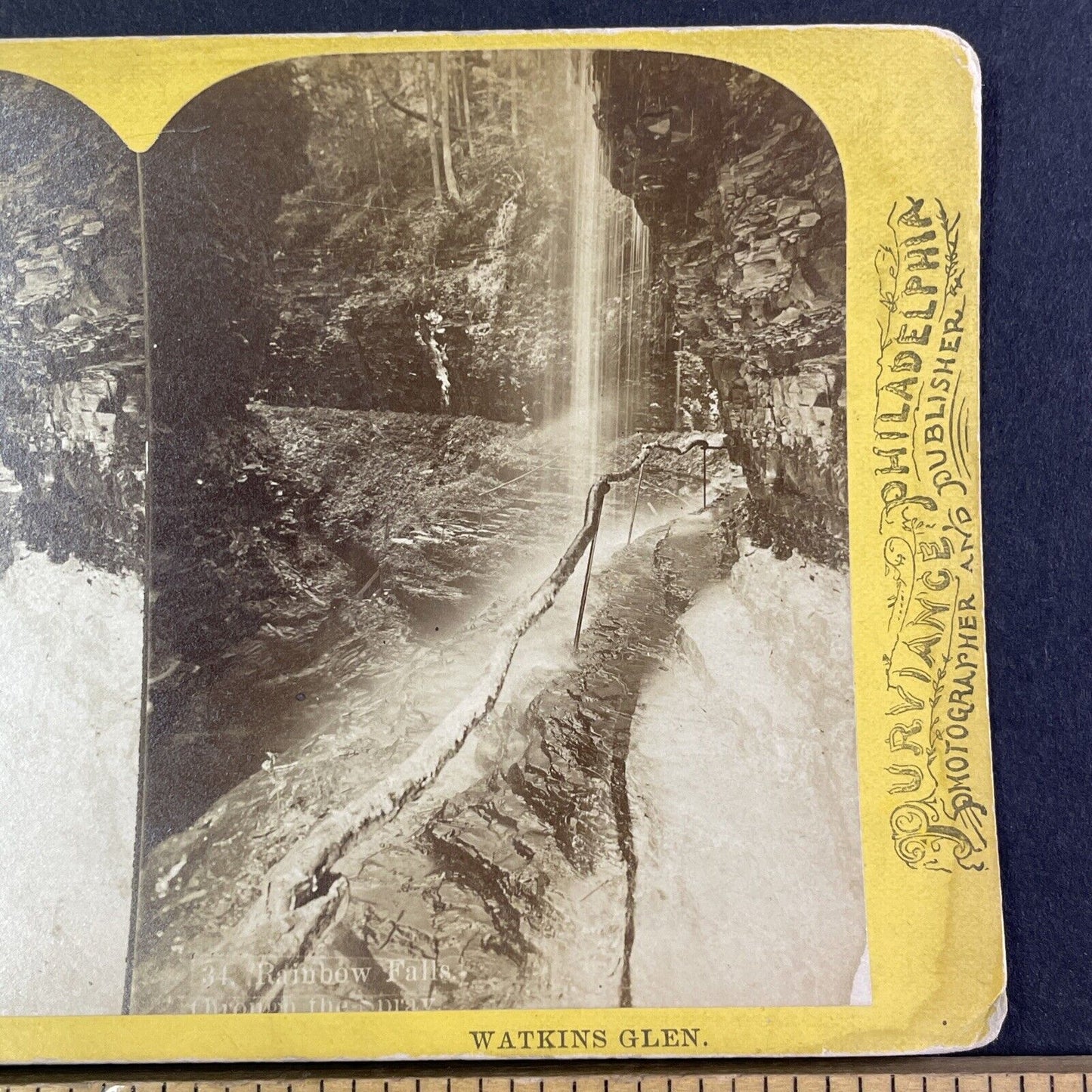 Lehigh Valley Railroad Stereoview Rainbow Falls Watkins Glen Antique 1870s Y2168