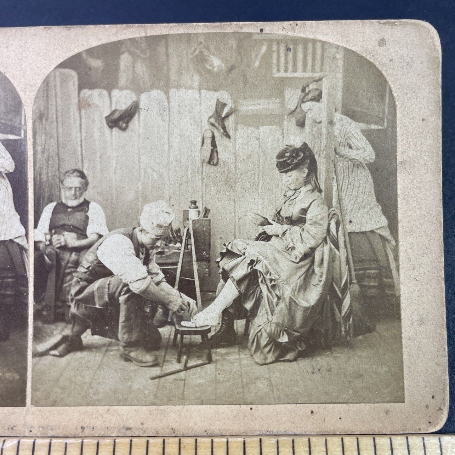 Antique 1871 Shoemaker Measures Womans Foot For Shoe Stereoview Photo Card P3342