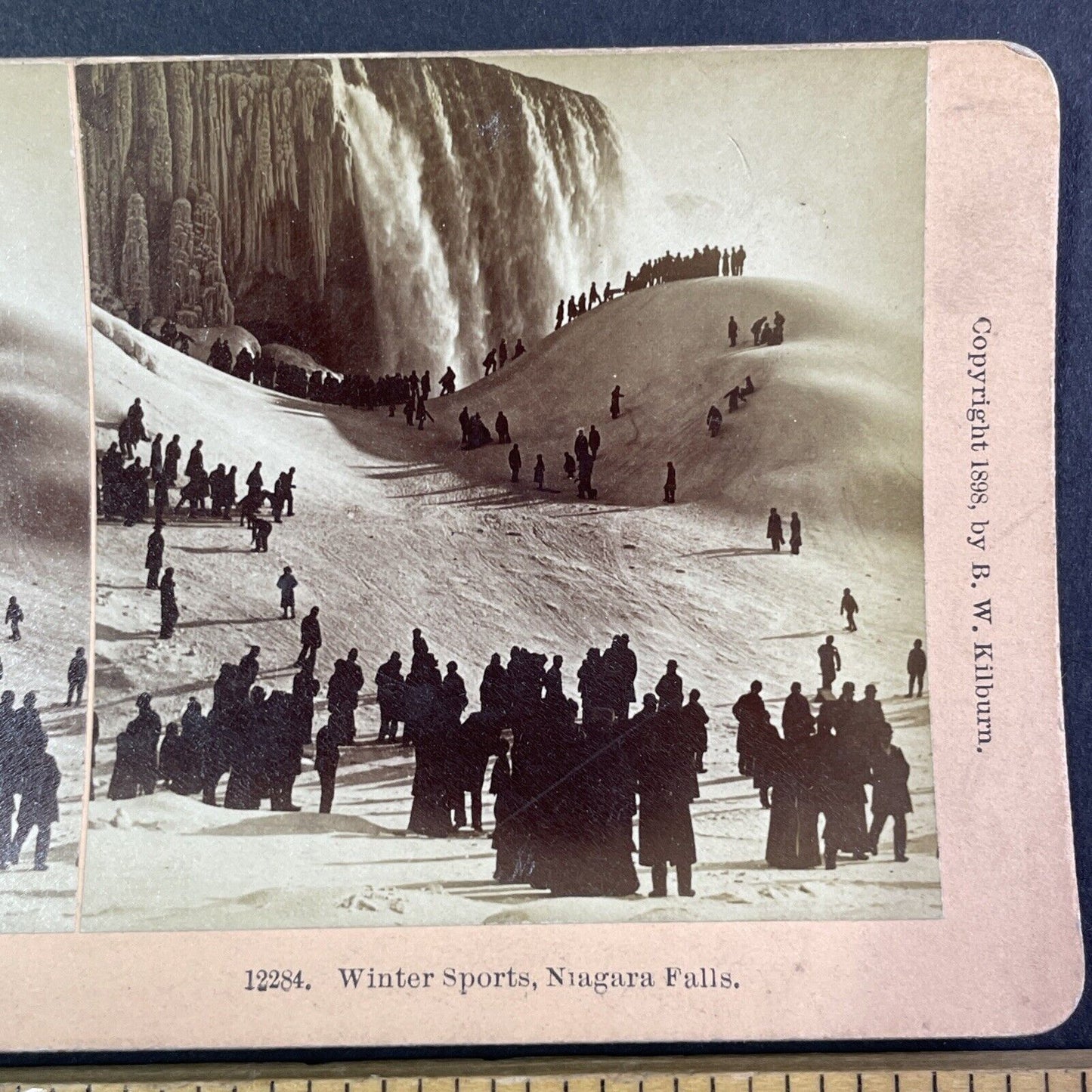 Sledding and Skiing at Base of Niagara Falls Stereoview Antique c1898 Y1869