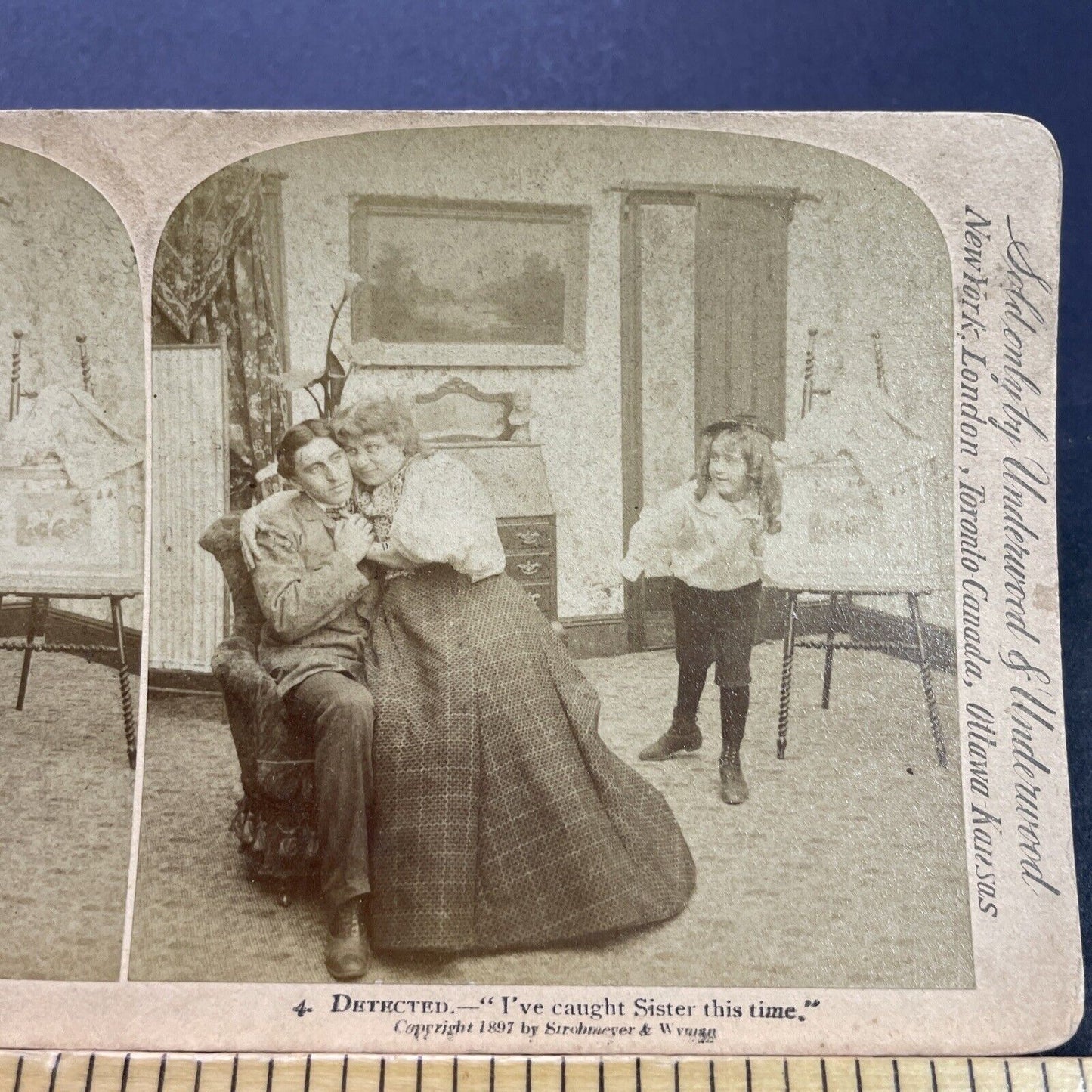 Antique 1897 Girl Catches Older Sister Cuddling Man Stereoview Photo Card P3559