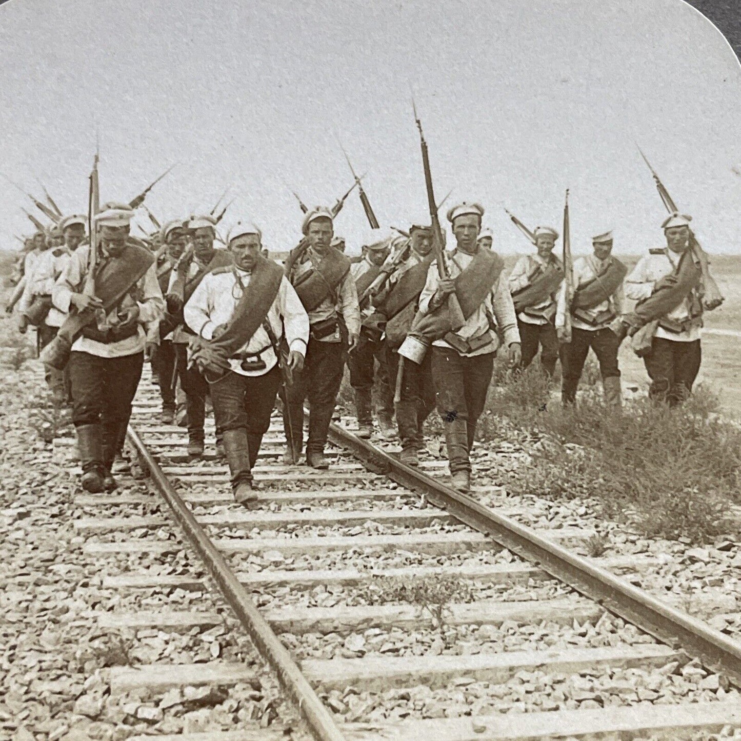 Antique 1904 Russia Soldiers Invade China Railroad Stereoview Photo Card P5624