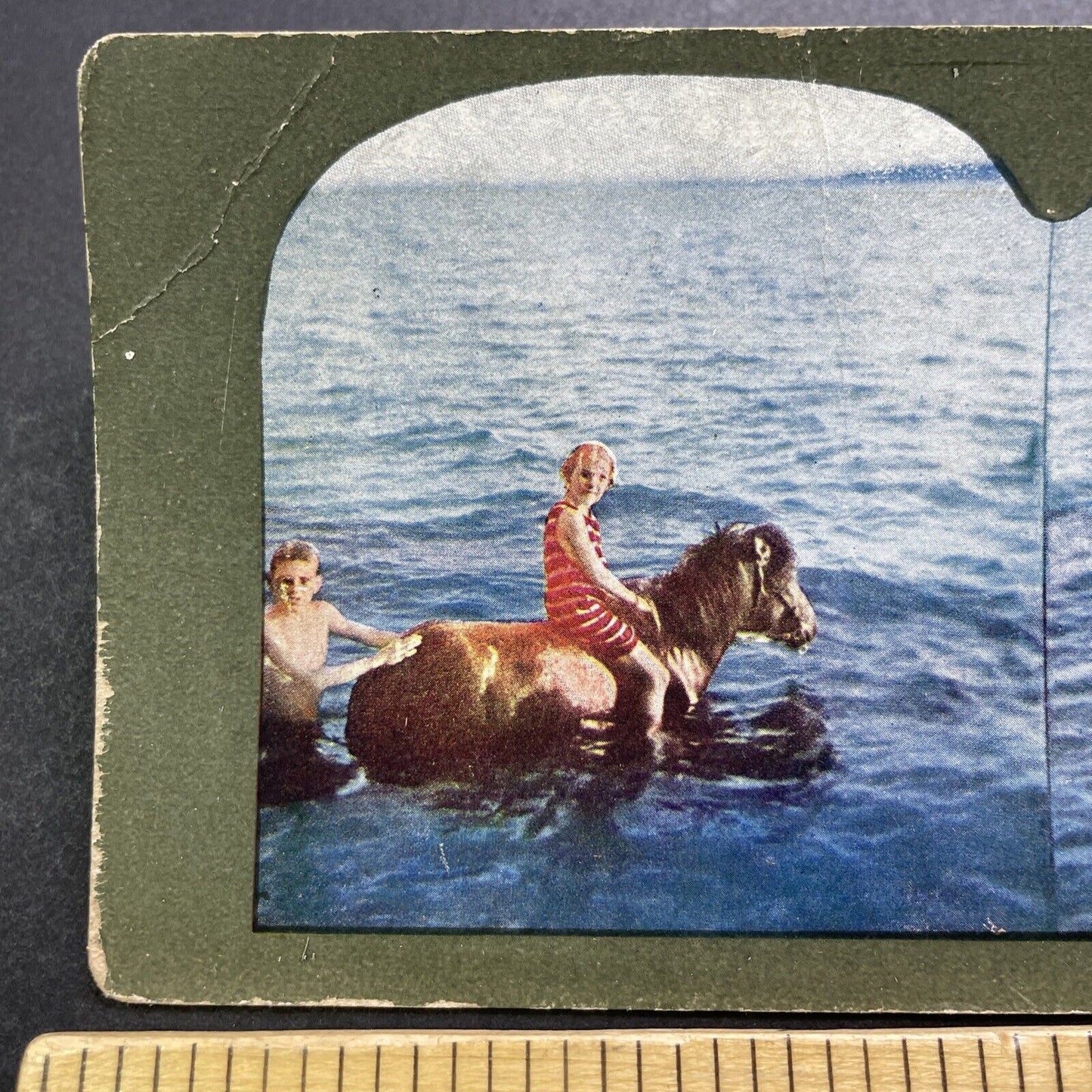 Antique 1905 Children Riding A Pony In A Lake Stereoview Photo Card V3410