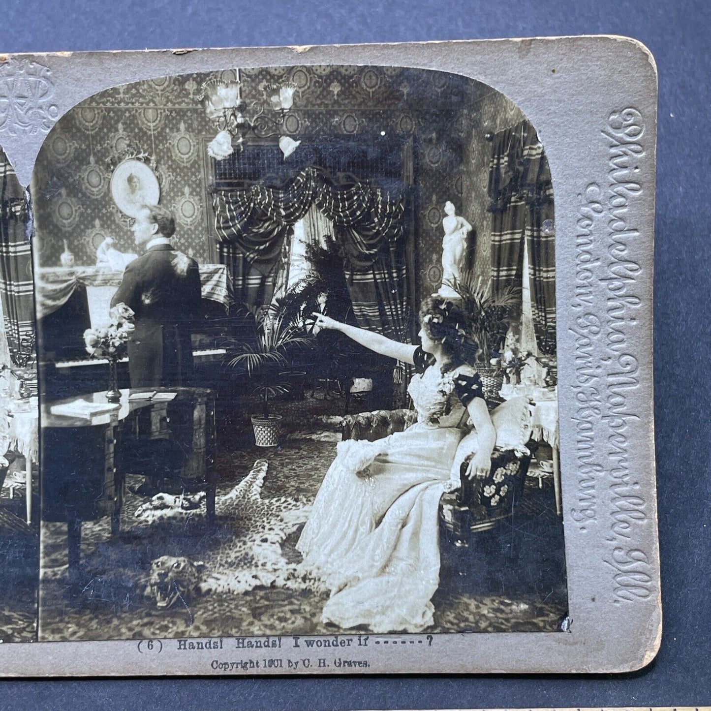 Antique 1901 Cheetah Skin Rug In Piano Room Stereoview Photo Card P2574