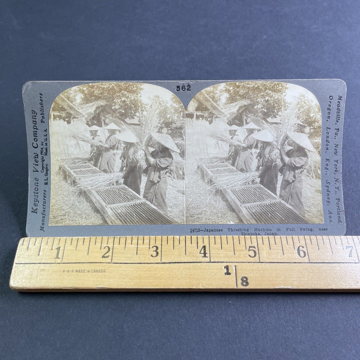 Antique 1904 Farmers Threshing Rice Shizuoka Japan Stereoview Photo Card P2178