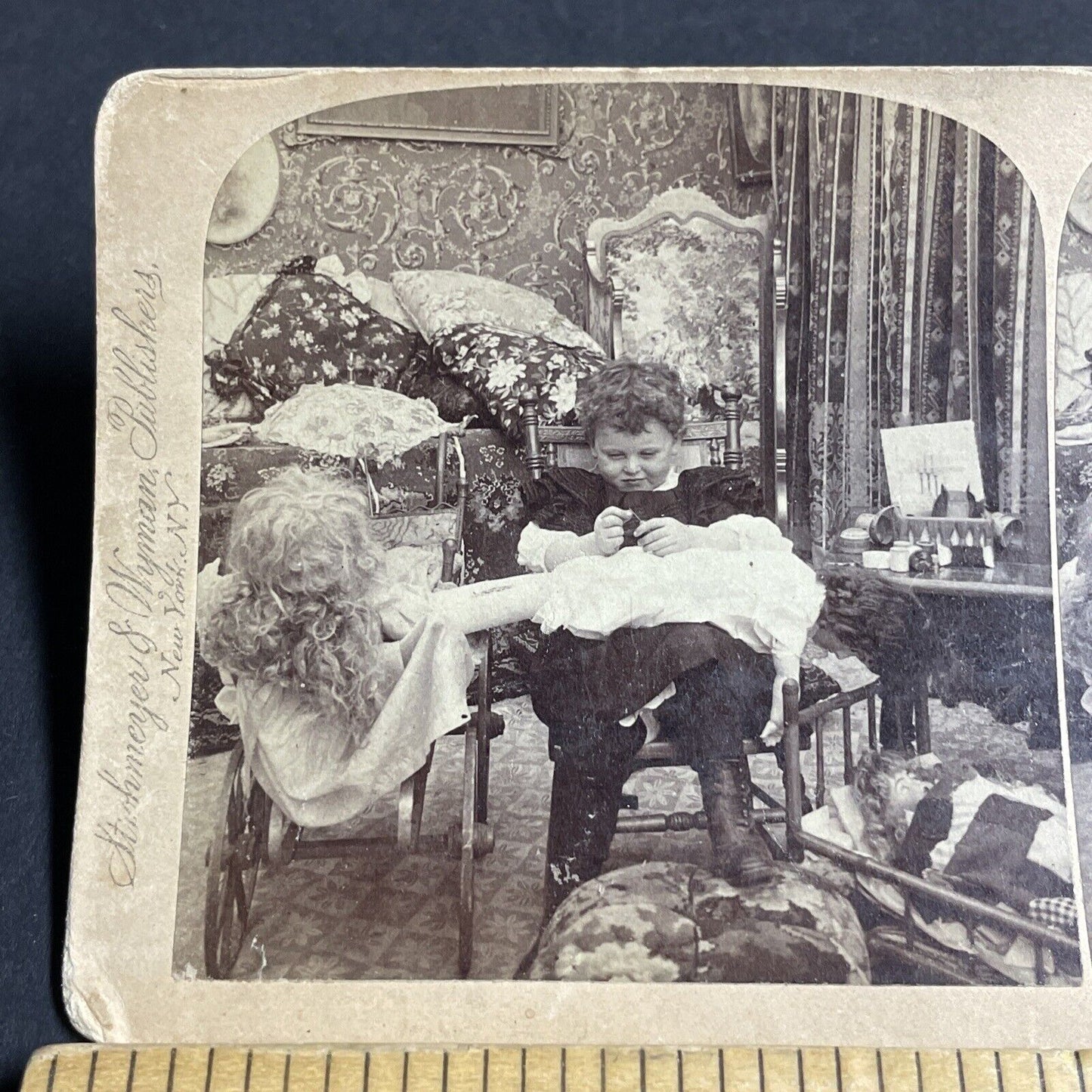 Antique 1898 A Girl And Her Porcelain Dolls Stereoview Photo Card P4302