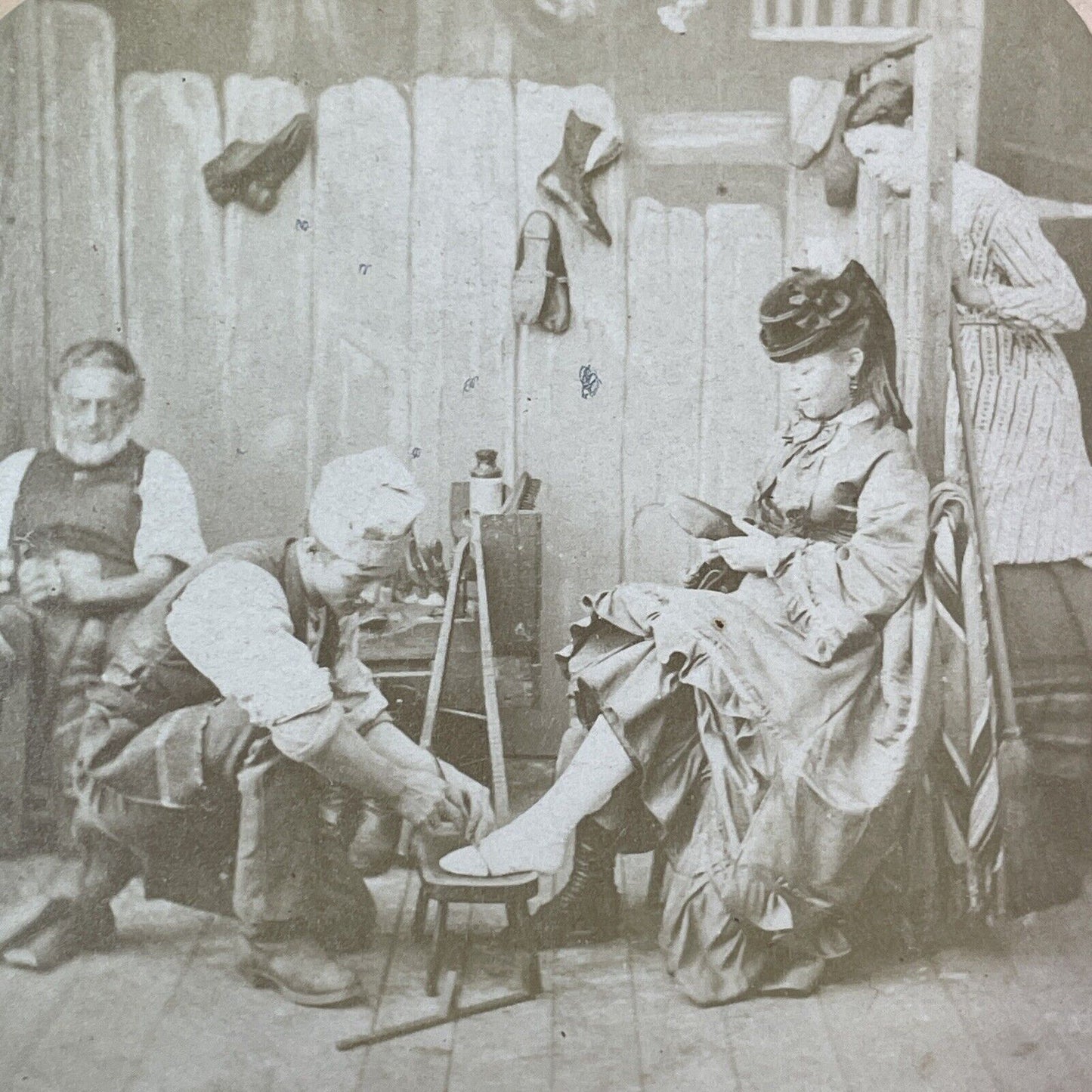 Woman Jealous of Rich Lady at Shoe Store Stereoview F.G. Weller c1871 Y1311