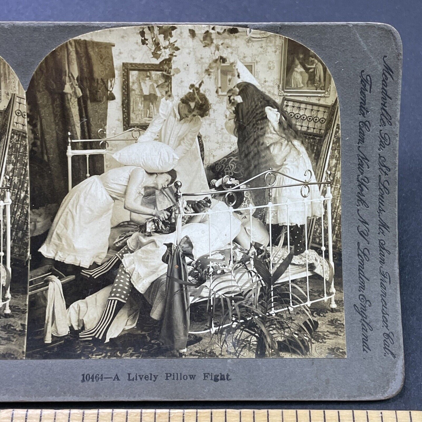 Antique 1901 Women In Underwear Have A Pillow Fight Stereoview Photo Card P2631