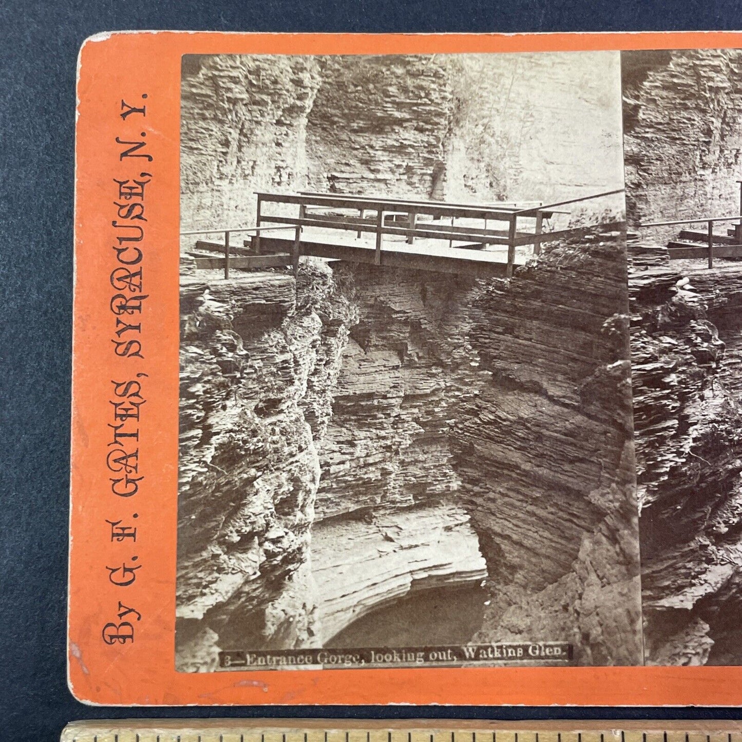 Watkins Glen Lookout Bridge New York Stereoview George F. Gates c1865 Y1824