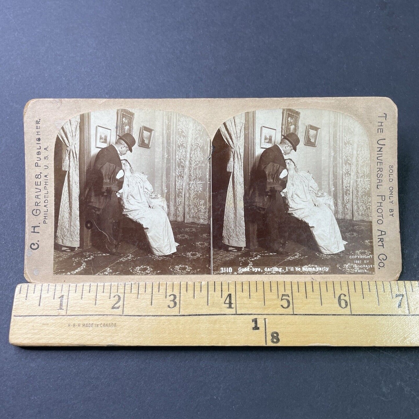 Antique 1897 Business Man Kisses Wife Goodbye Stereoview Photo Card P2978