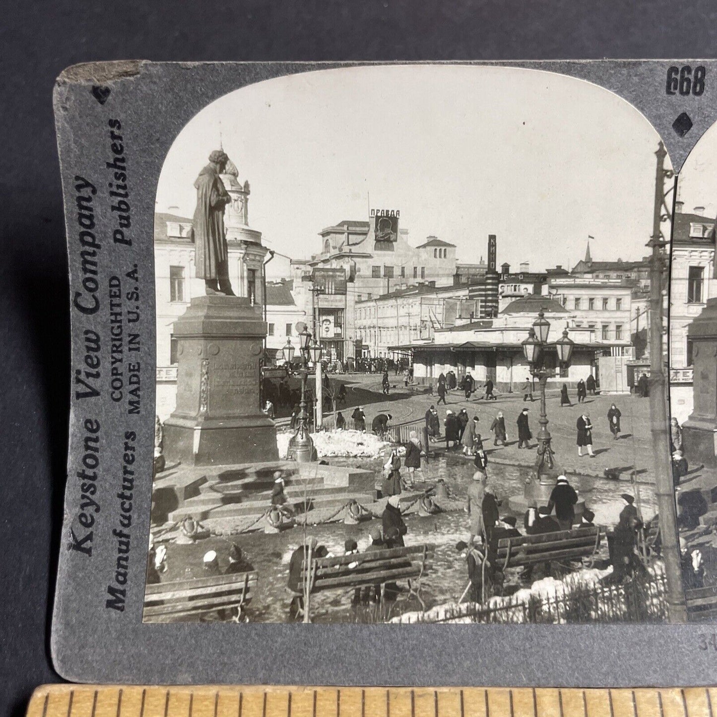 Antique 1920s Pushkin Monument Moscow Russia Stereoview Photo Card P4246