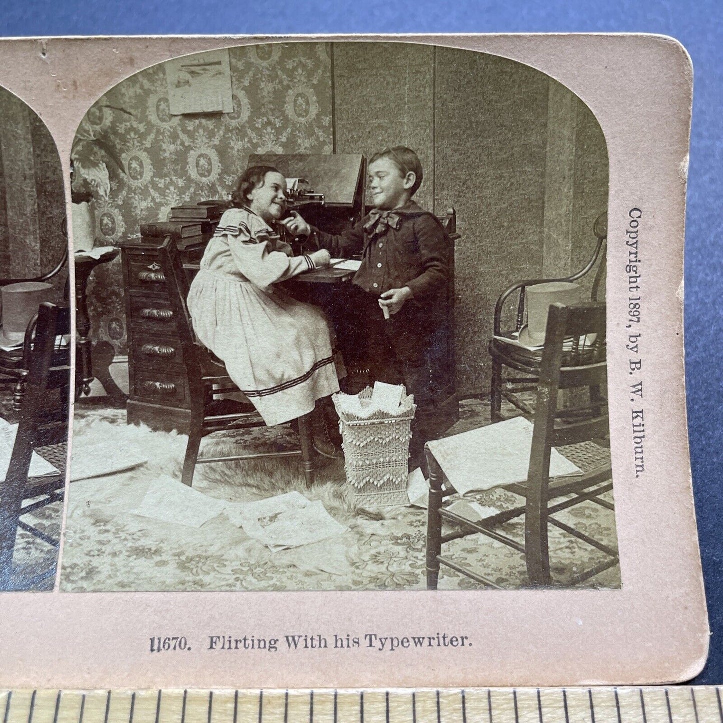 Antique 1897 Boy With A Cigar In Parlor Room Office Stereoview Photo Card V3600