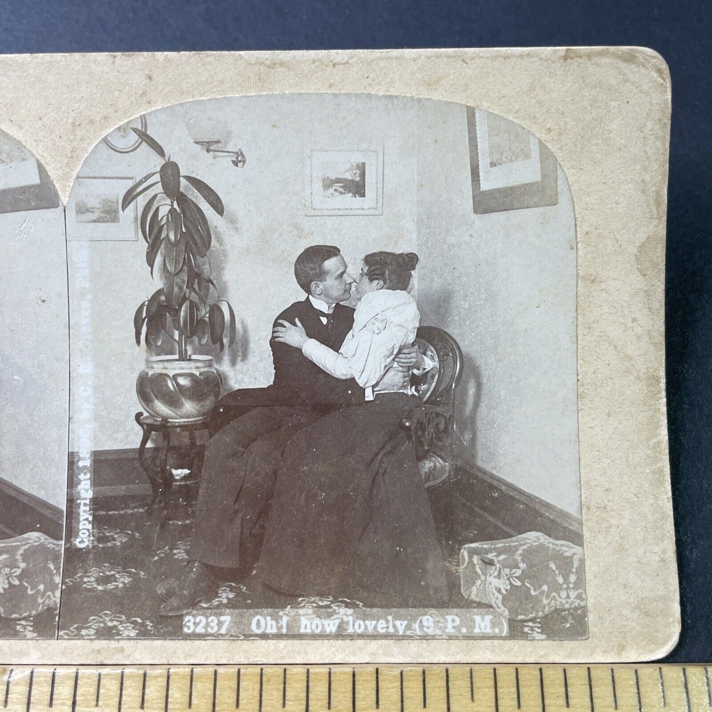 Antique 1896 Man & Woman Kiss On Corner Chair Stereoview Photo Card P2977
