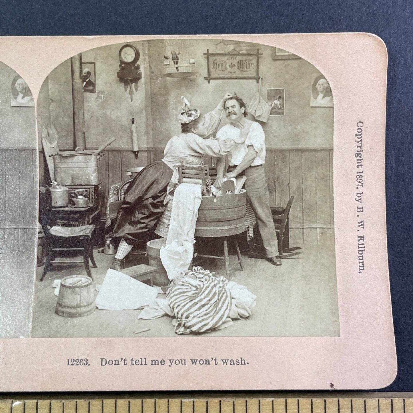 Woman Forces Man to Wash his own Clothes Stereoview c1897 Y1713