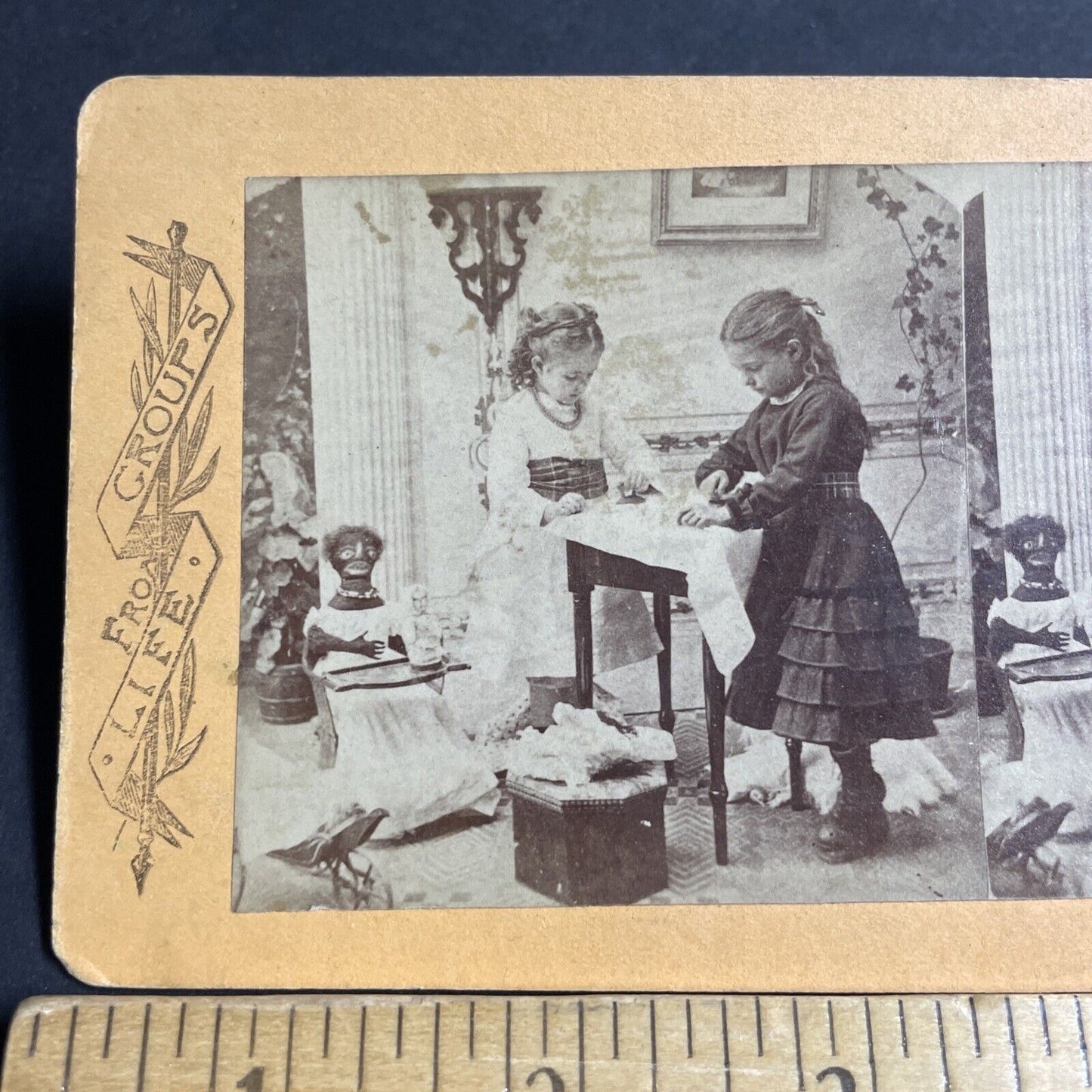 Antique 1870s Wealthy Children Ironing Doll Clothes Stereoview Photo Card P4627