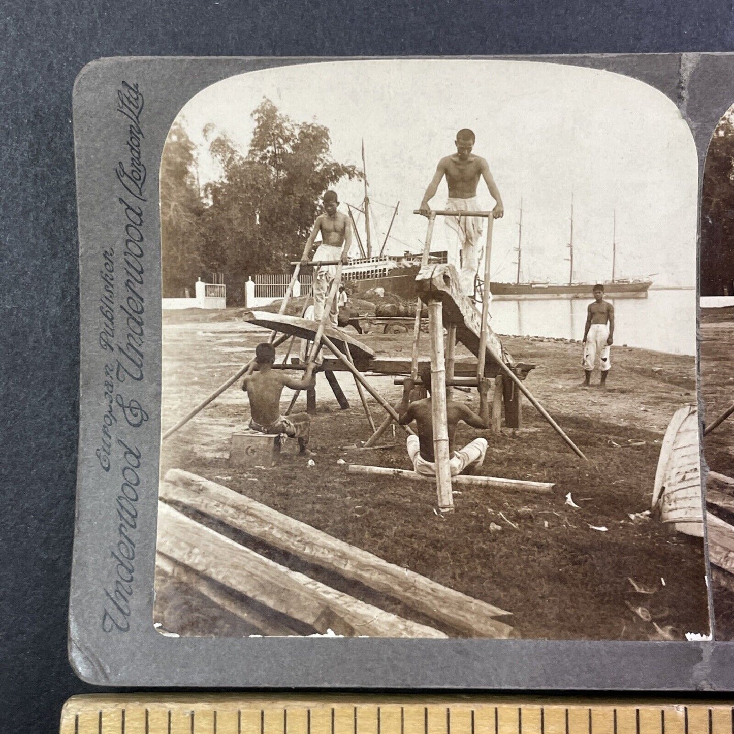 Hand-Powered Sawmill Stereoview Cebu The Philippines Antique c1899 Y492