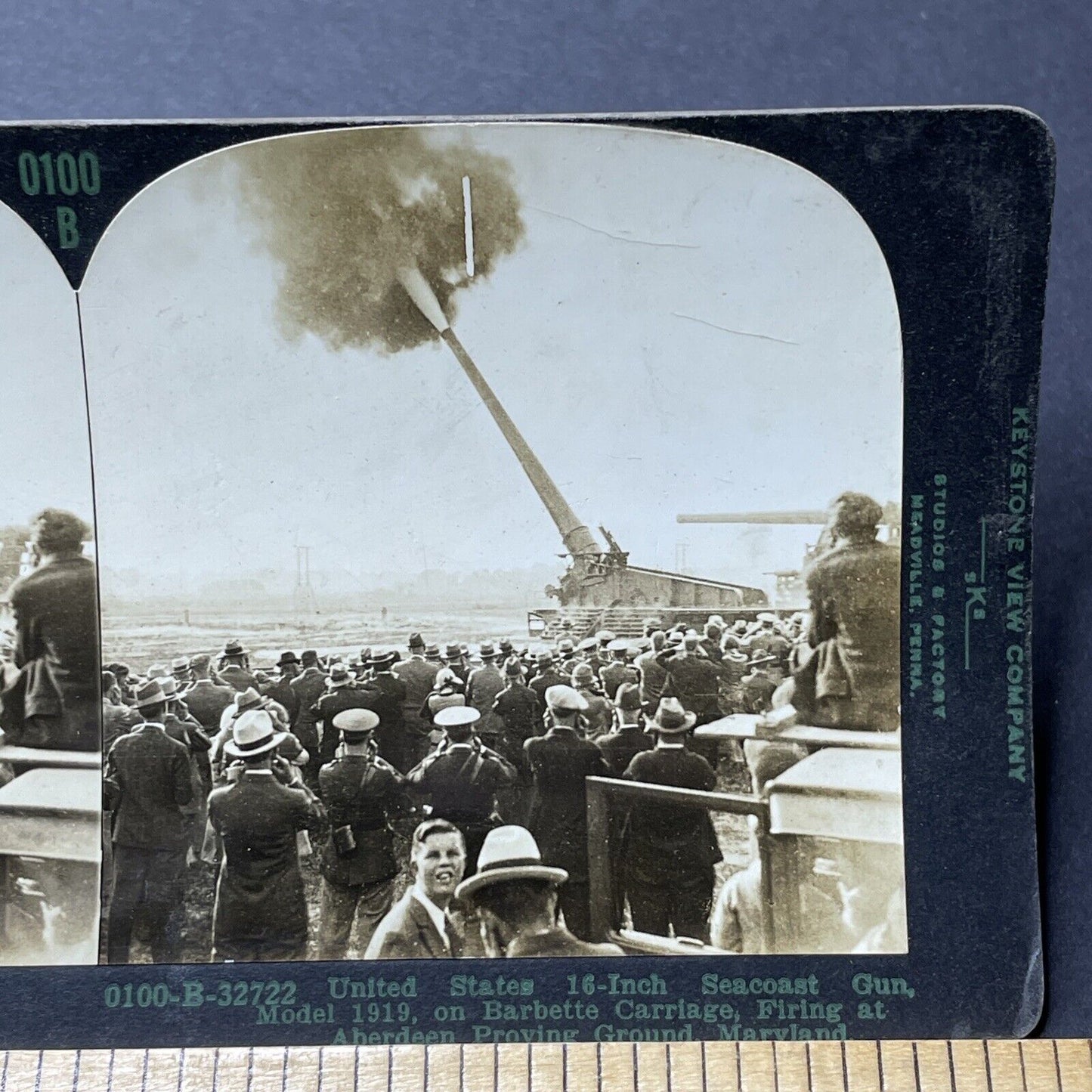 Antique 1919 US 16 Inch Seacoast Gun Test Firing Stereoview Photo Card P1813