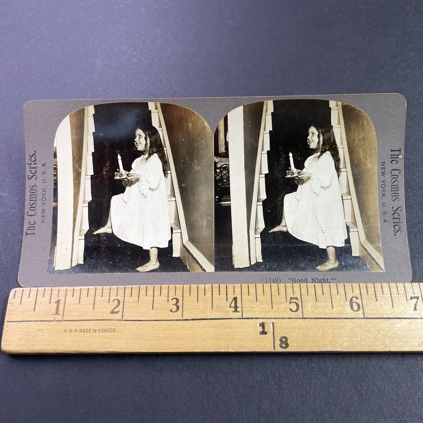 Antique 1890s Victorian Child Carries Candle To Bed Stereoview Photo Card P3439