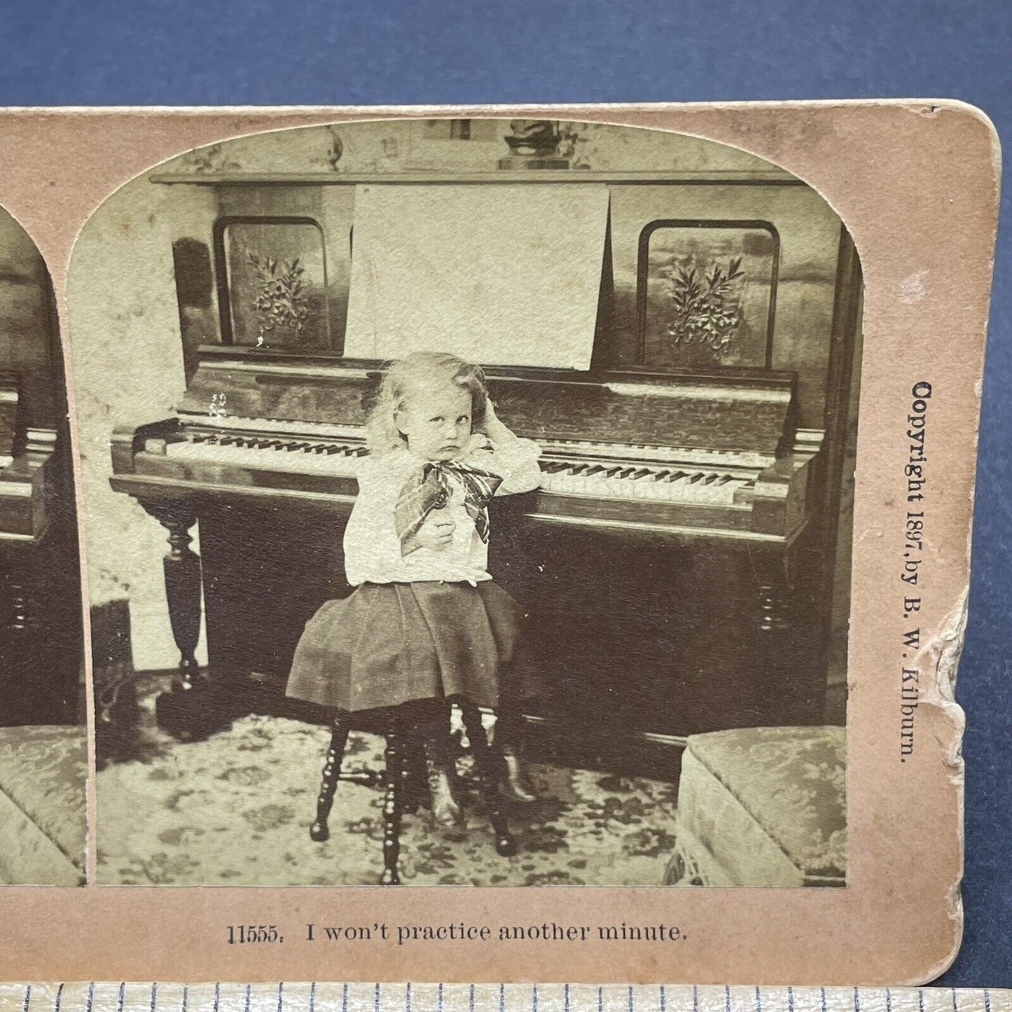 Antique 1897 Little Girl Practices Piano Stereoview Photo Card P1855