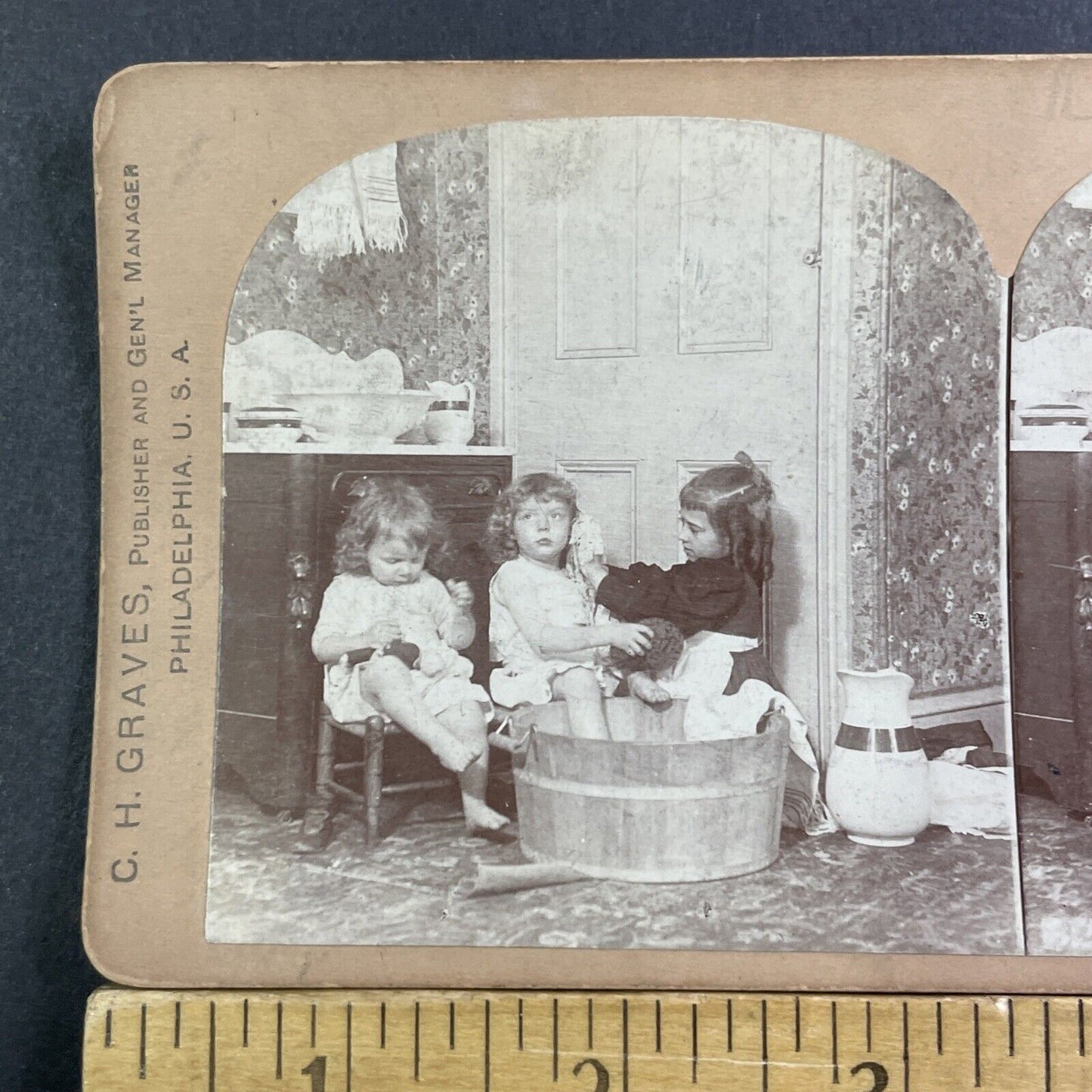 Girls Washing Their Porcelain Dolls Stereoview CH Graves Antique c1895 X1539