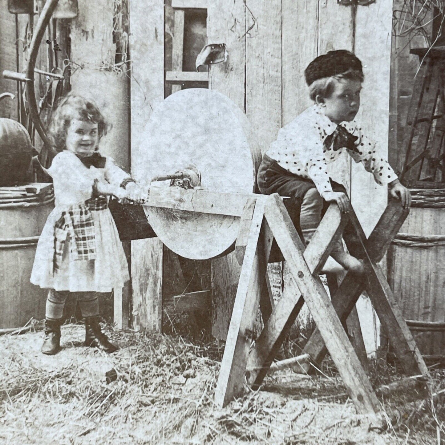 Antique 1891 Child Ruins Pants On A Grinding Stone Stereoview Photo Card P2608