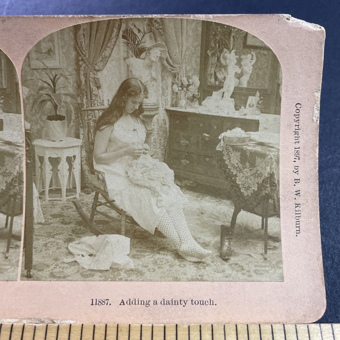 Antique 1897 Woman Sews Her Undergarments Slip Stereoview Photo Card P4056