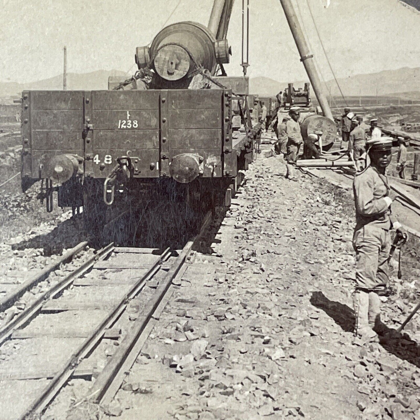 Japanese Heavy Guns On Rail Stereoview Dalian China Antique c1905 X2811