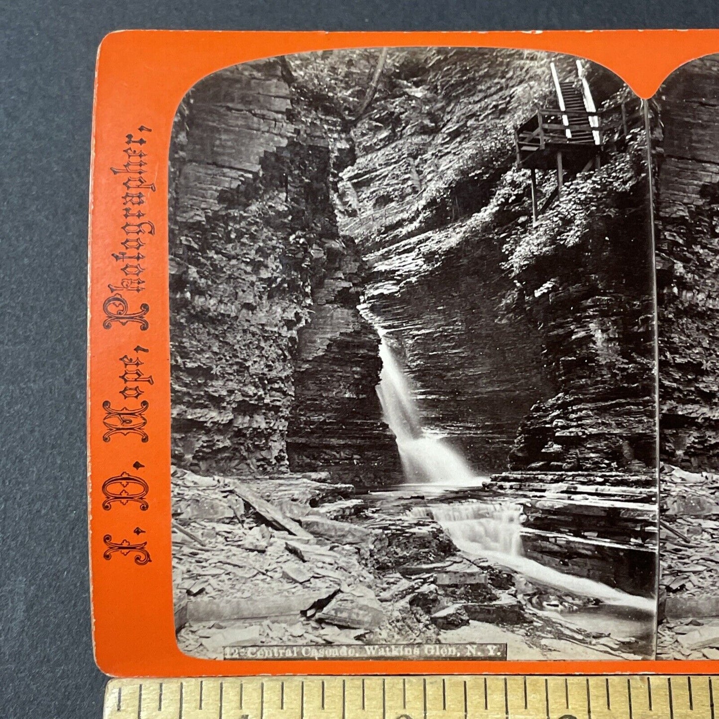 Antique 1860s Watkins Glen Gorge Waterfall New York Stereoview Photo Card V1801