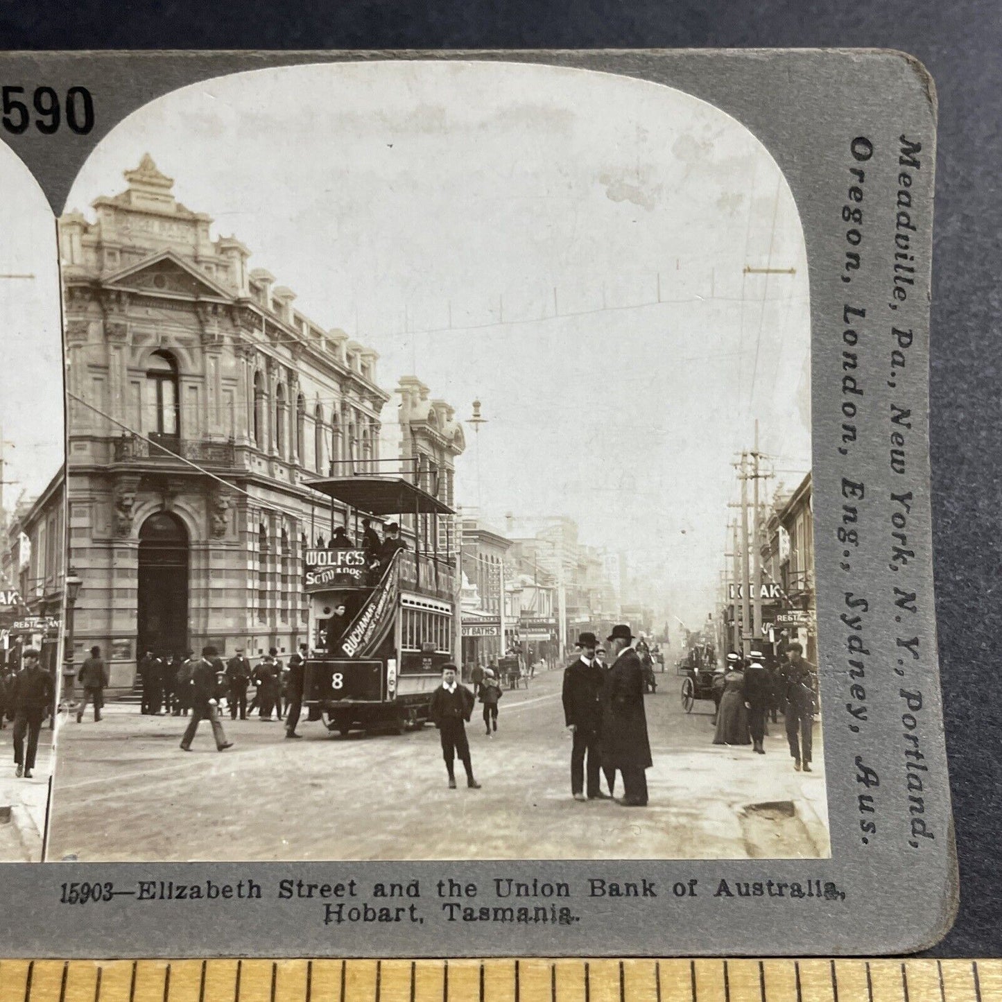 Antique 1909 Union Bank Of Australia Hobart Tasmania Stereoview Photo Card P5157