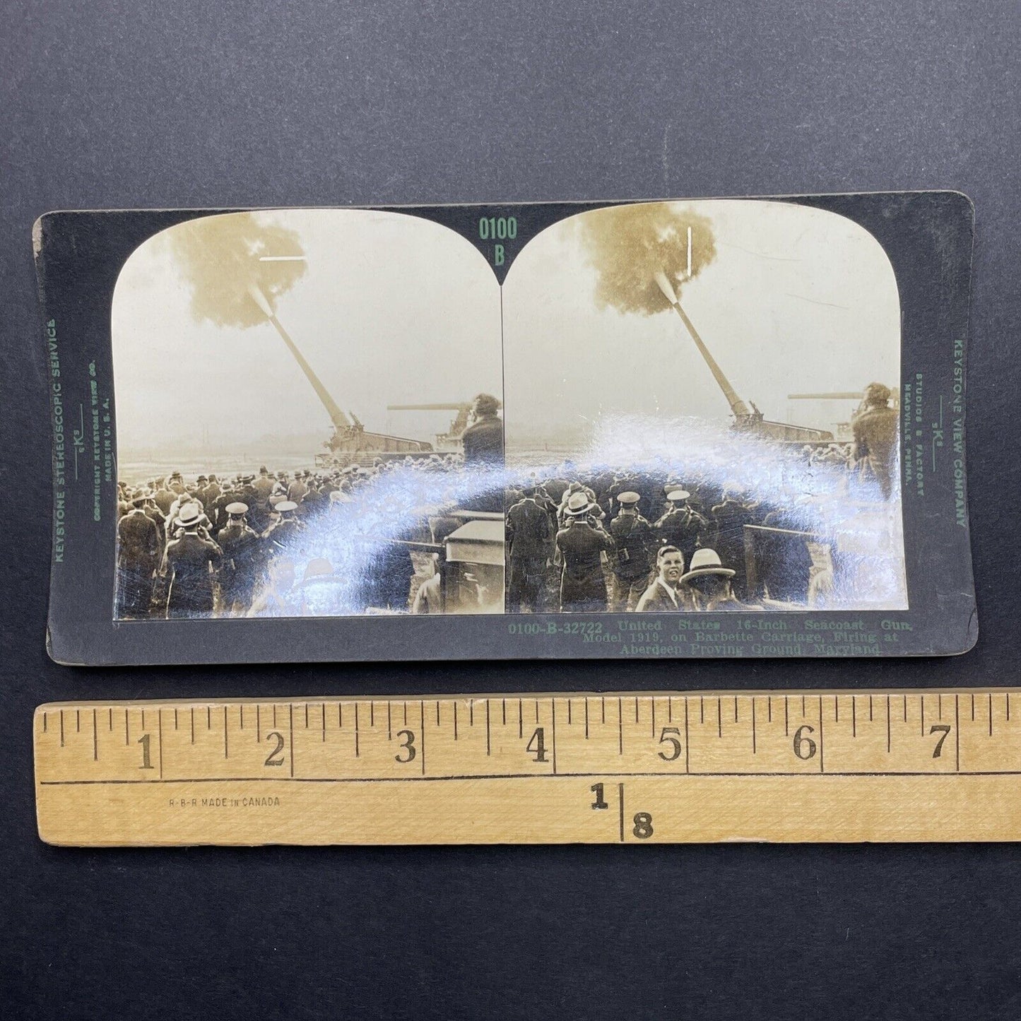 Antique 1919 US 16 Inch Seacoast Gun Test Firing Stereoview Photo Card P1813