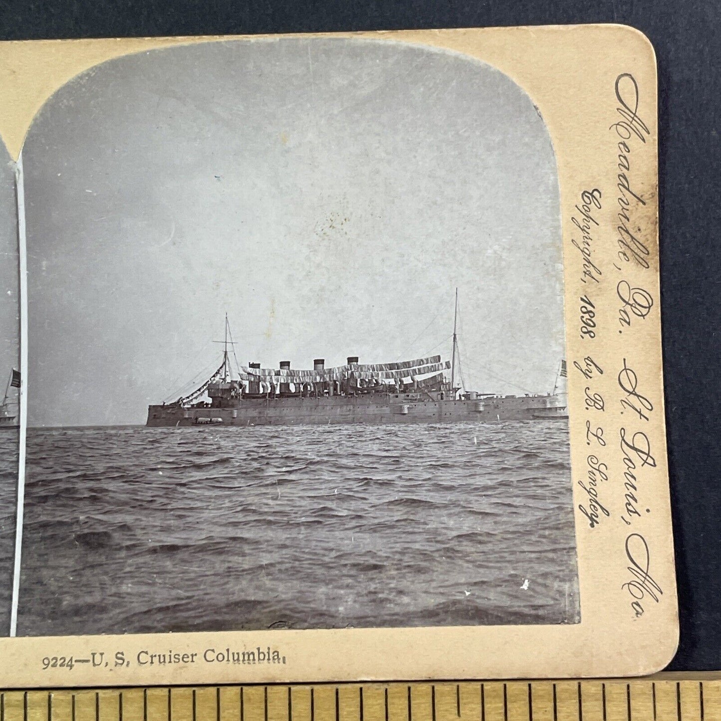 USS Colombia (C-12) US Navy Cruiser Ship Stereoview Antique c1898 X2611