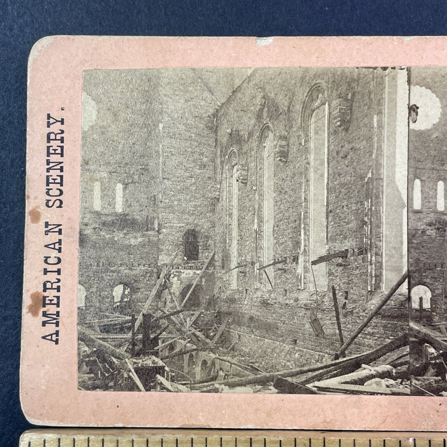 St. George's Church Fire Stereoview Stuyvesant Manhattan NY Antique c1865 X1293