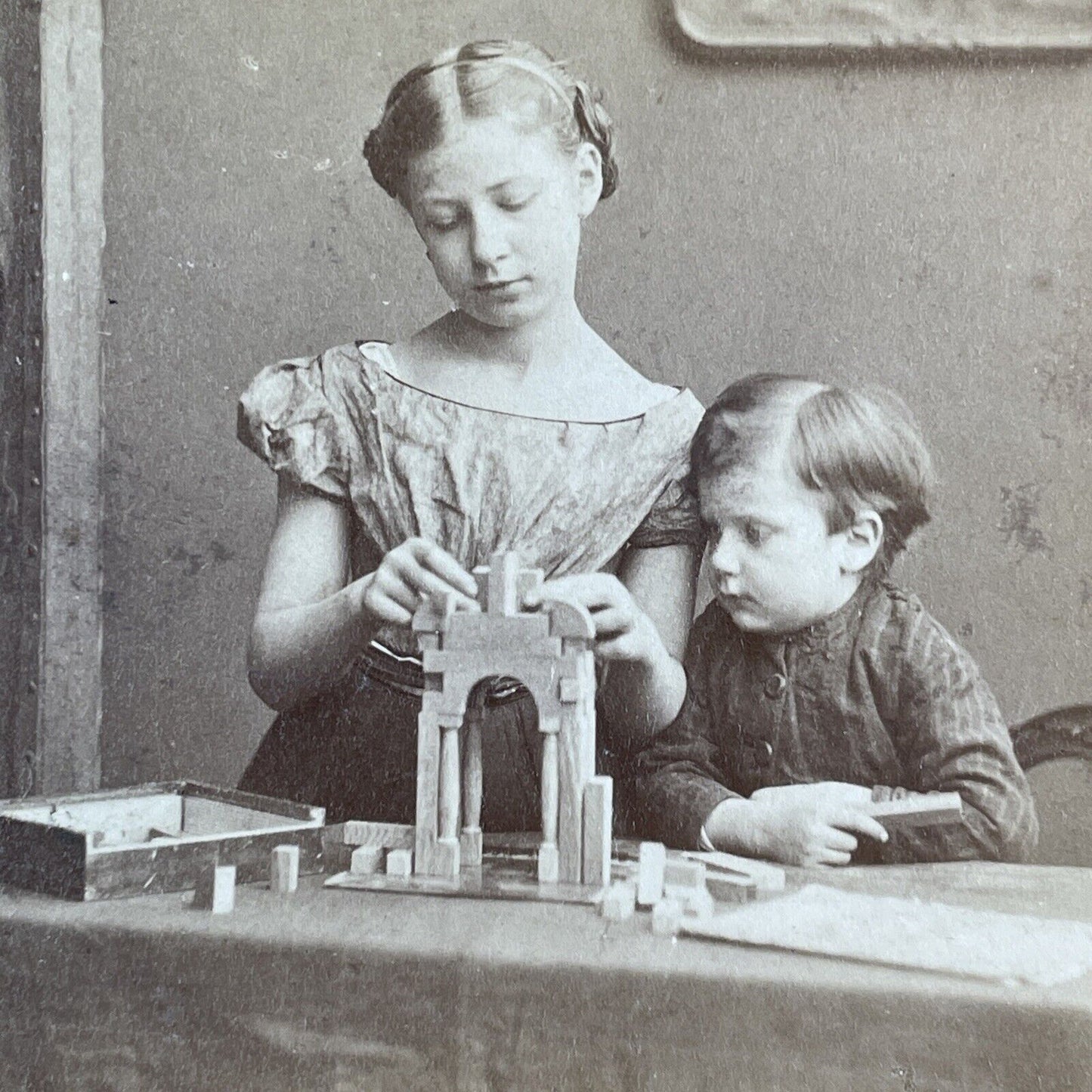 German Children Stacking Wood Blocks Stereoview Antique c1870 X3212