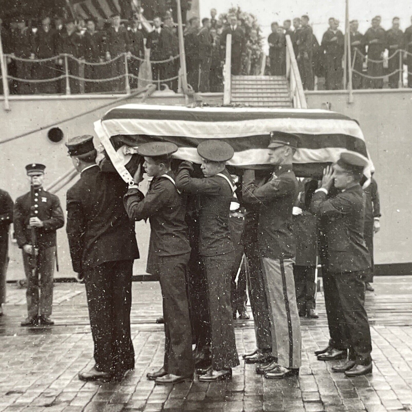 Antique 1910s US Soldier Repatriated Casket Funeral Stereoview Photo Card V3600