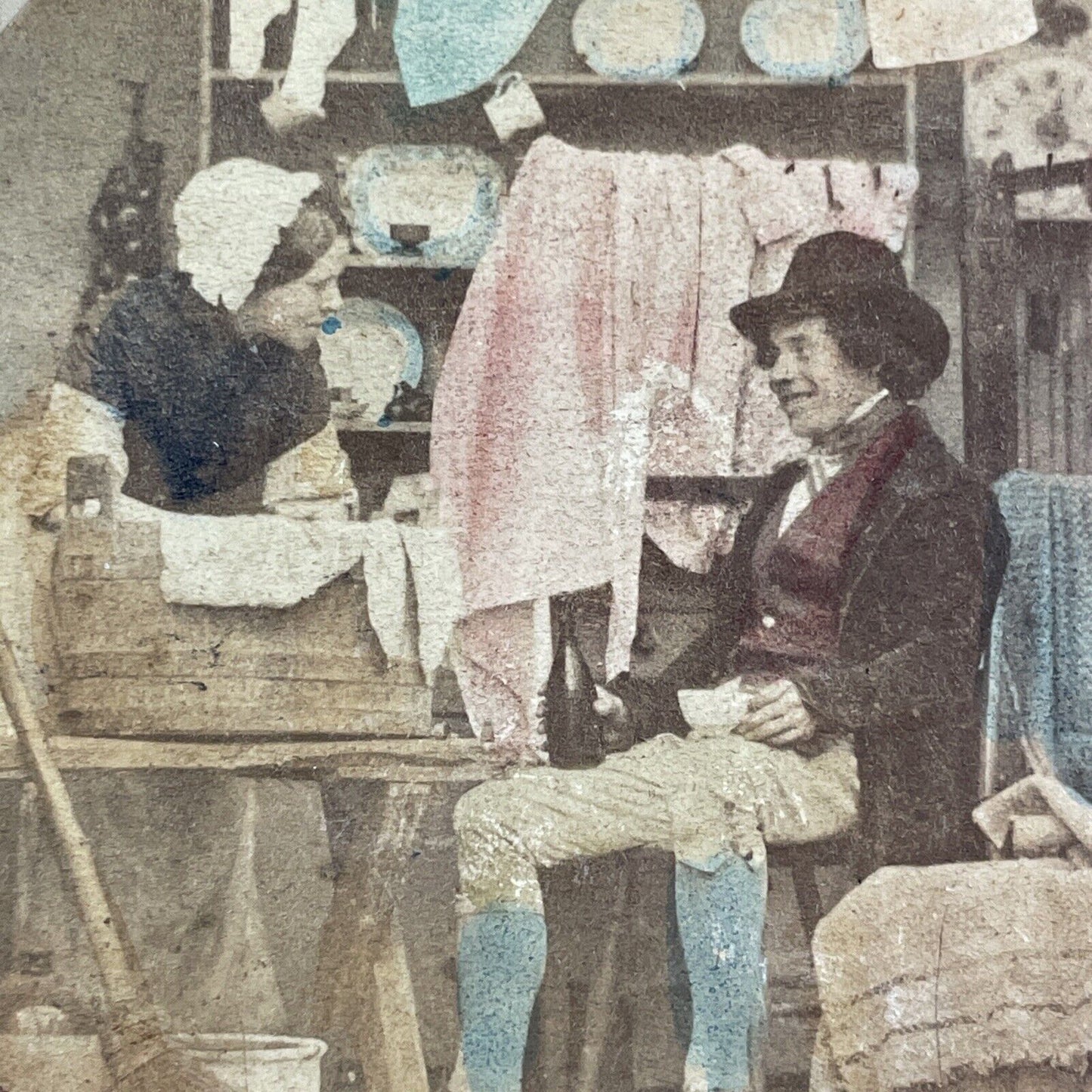 Wife Does Laundry Husband Drinks Tea Stereoview Antique c1860 X3701