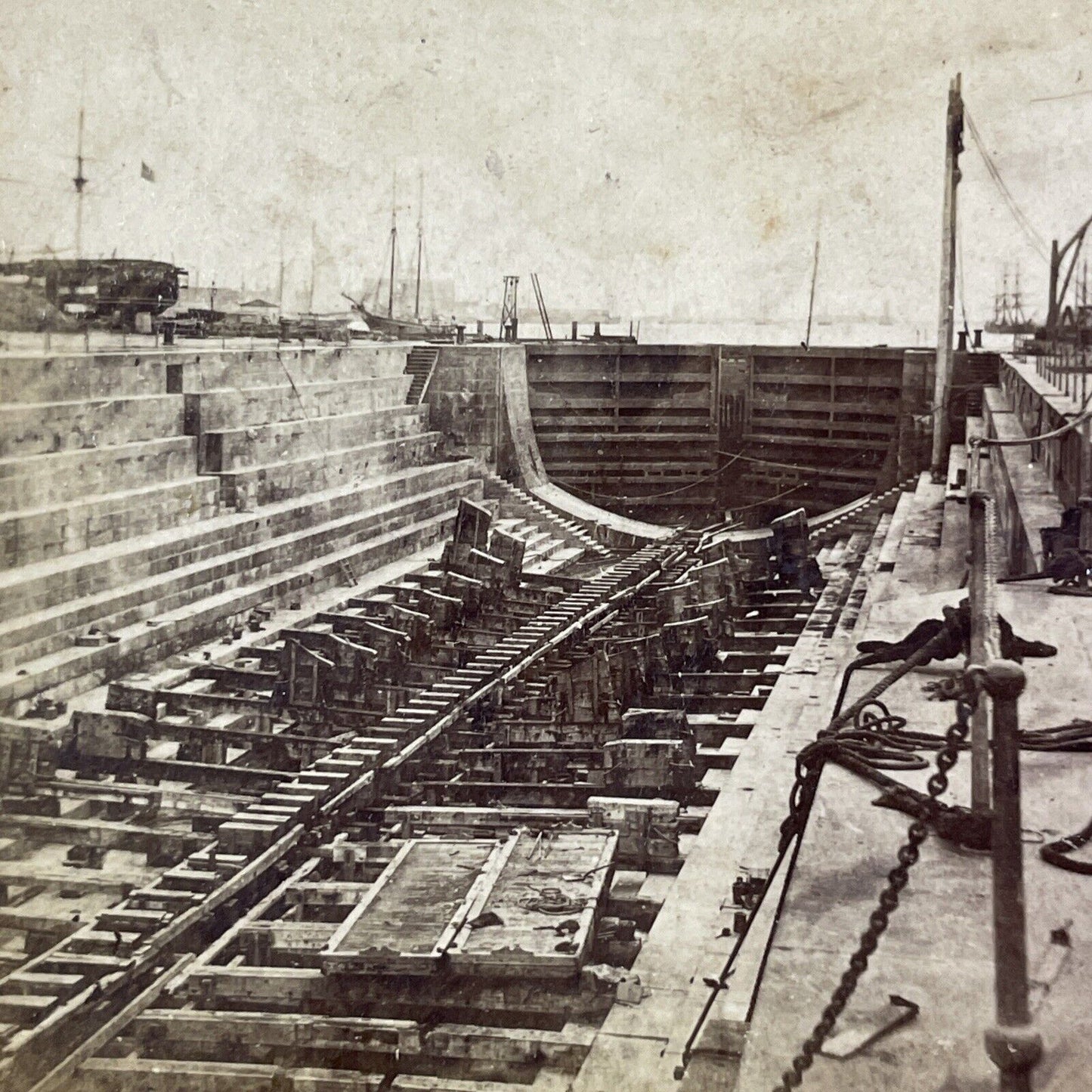 Charlestown Navy Yard Dry Dock 1 Stereoview Boston MA Antique c1869 X2442