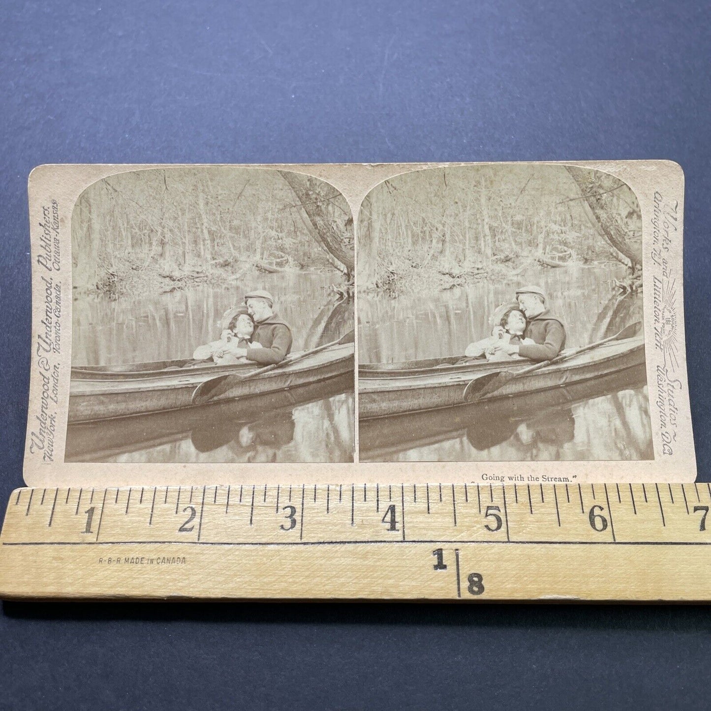 Antique 1897 Lovers Cuddle On A Canoe In New York Stereoview Photo Card P2380