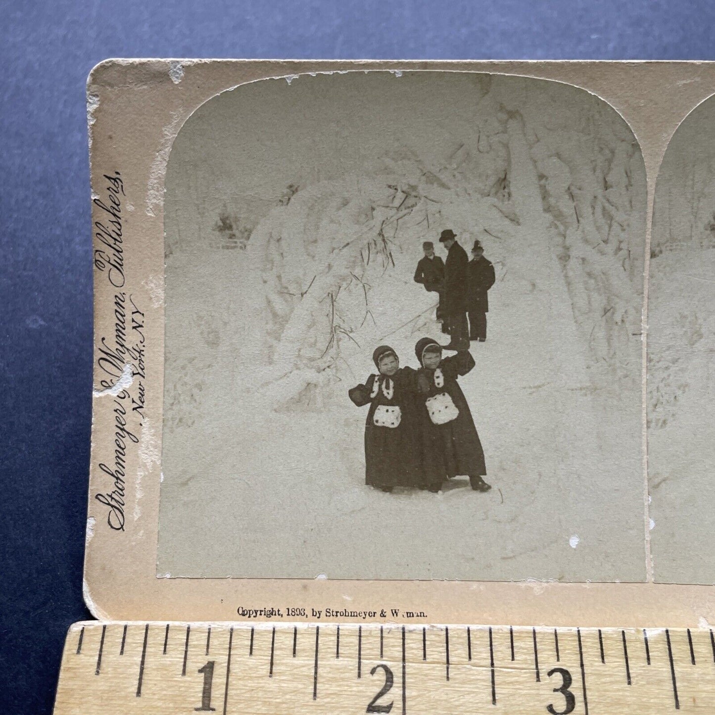 Antique 1893 Children Play In Snow New York State Stereoview Photo Card P2410