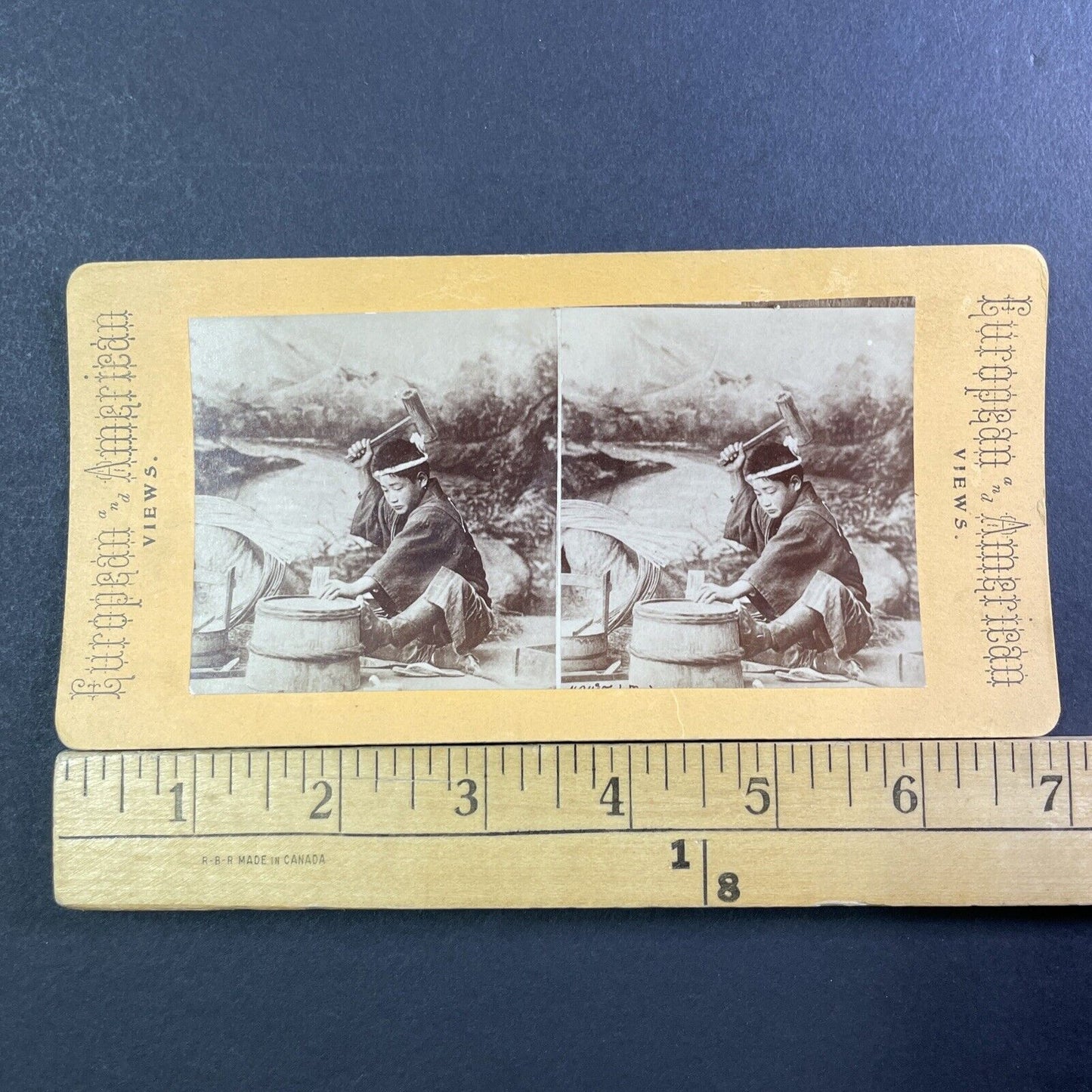 Japanese Boy Fixing A Pail Stereoview Kusakabe Kimbei Antique c1870 X3112 RARE