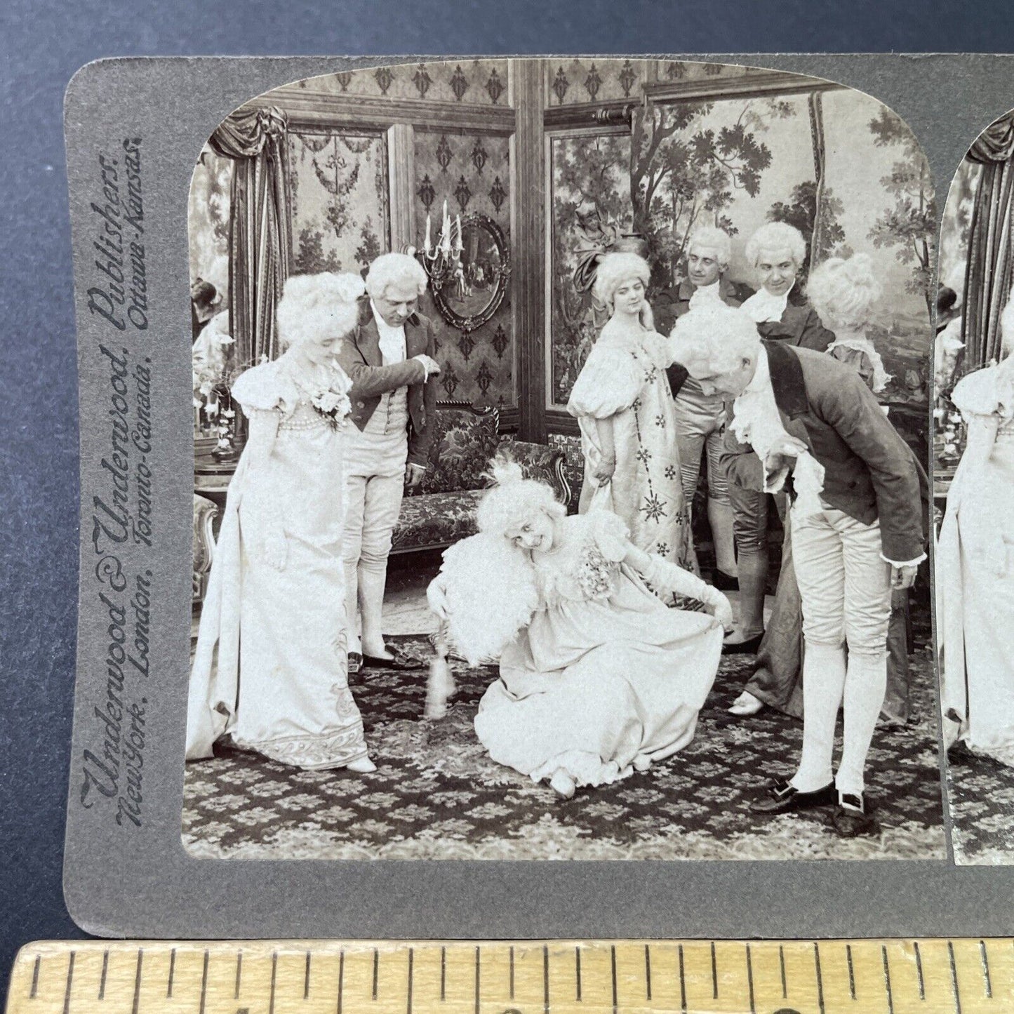 Antique 1900 Curtsy At Fancy Colonial Ball Stereoview Photo Card P2870