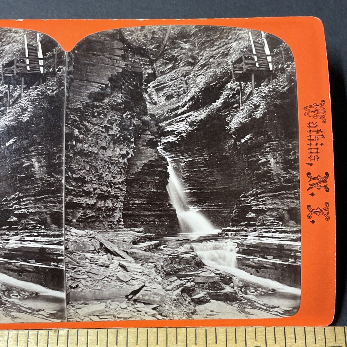 Antique 1860s Watkins Glen Gorge Waterfall New York Stereoview Photo Card V1801