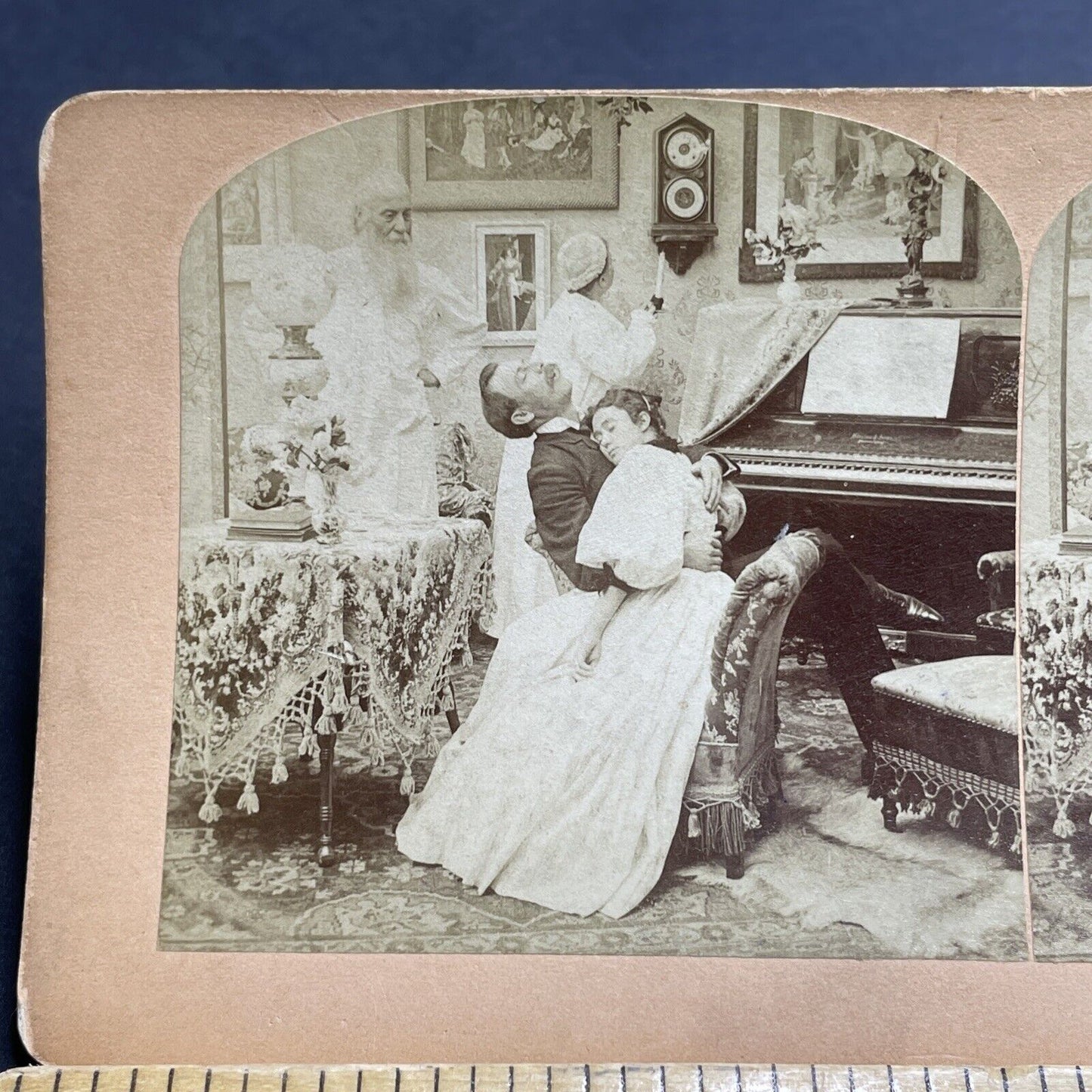 Antique 1897 Husband And Wife Fall Asleep At Piano Stereoview Photo Card P2003