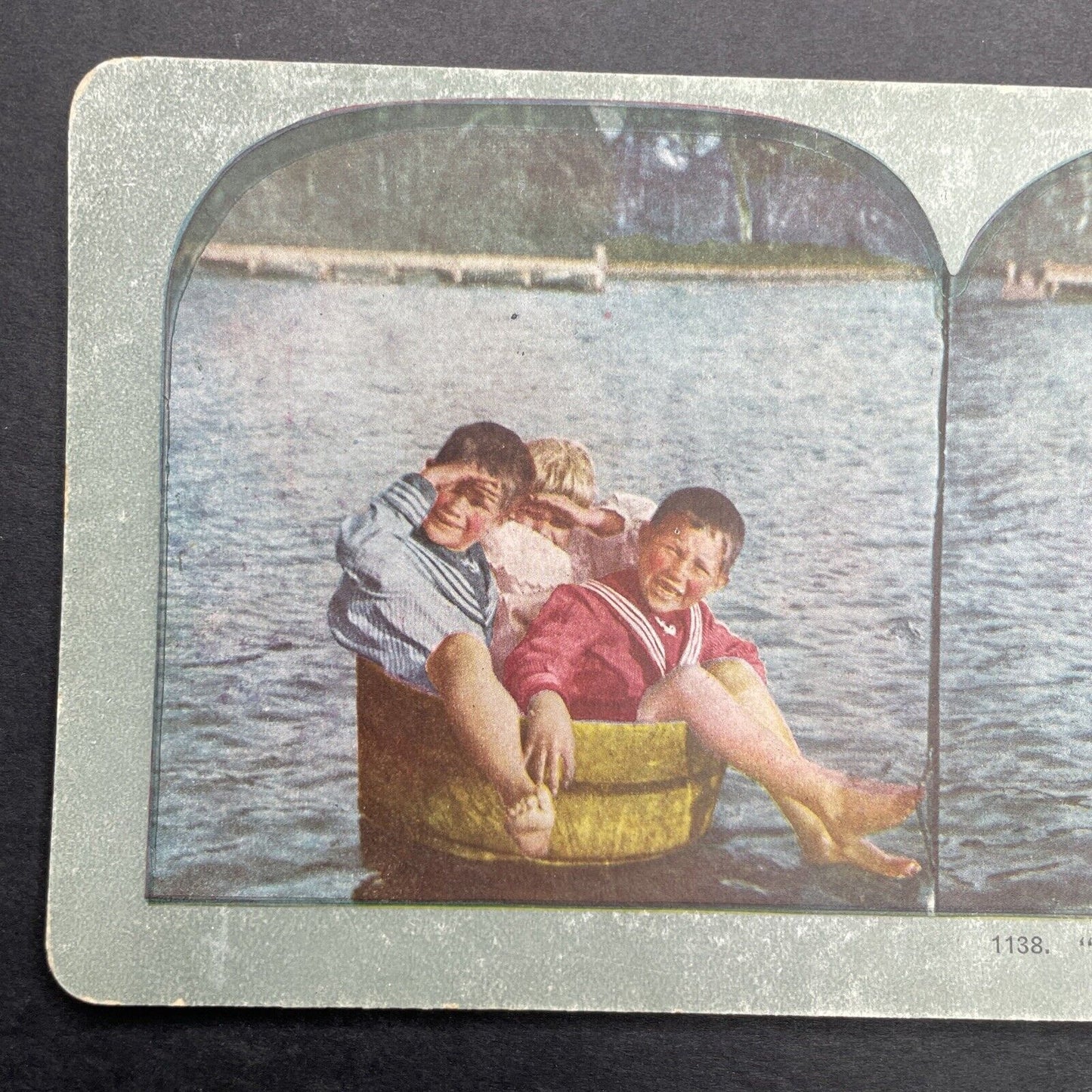 Antique 1898 Boys In A Wash Bucket Boat Stereoview Photo Card P580-041