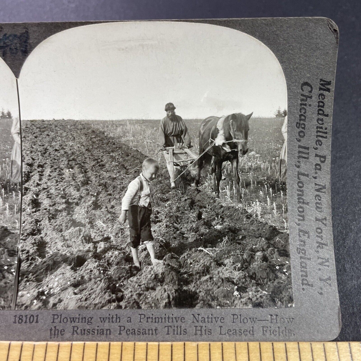 Antique 1920s Russian Ukranian Farmers Plough Fields Stereoview Photo Card P3696