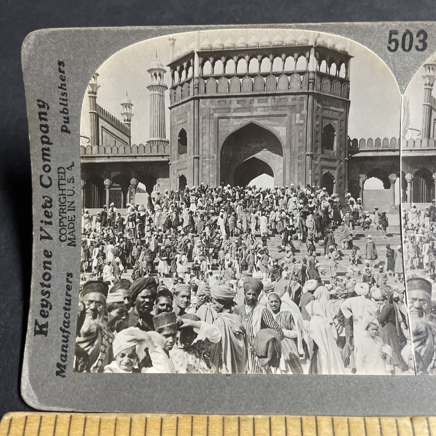 Antique 1906 Mosque & Muslim Worshippers Delhi India Stereoview Photo Card P4450