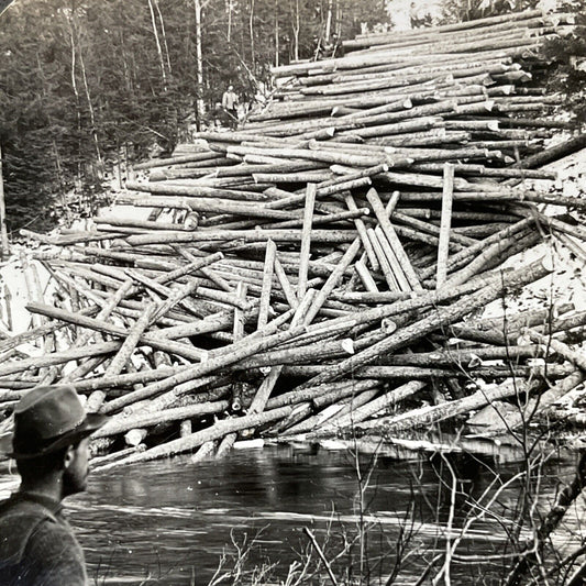 Antique 1910s Logging Logdrivers In Aroostook Maine Stereoview Photo Card V2628