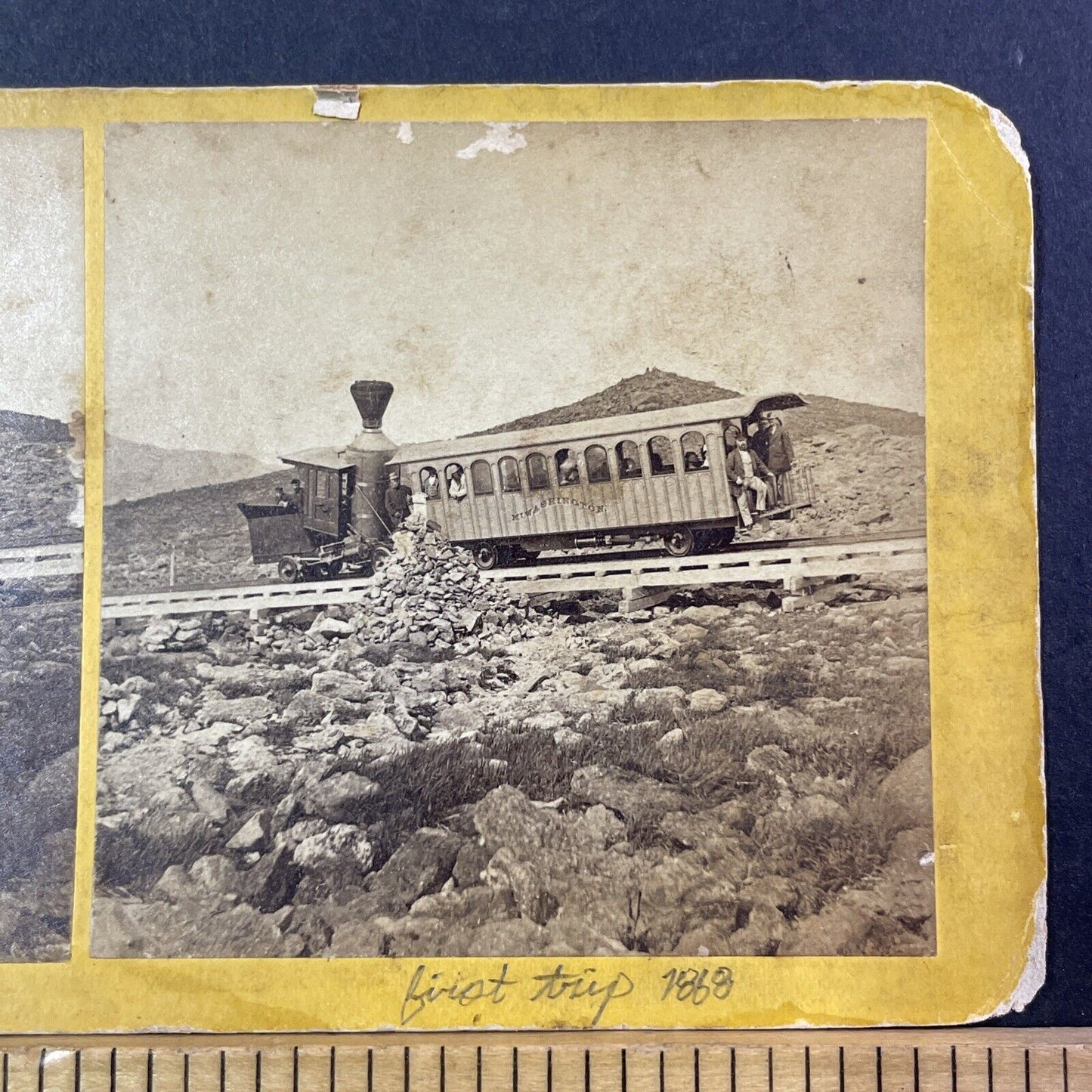 Mount Washington First Railroad Passenger Train Stereoview Antique c1868 X912