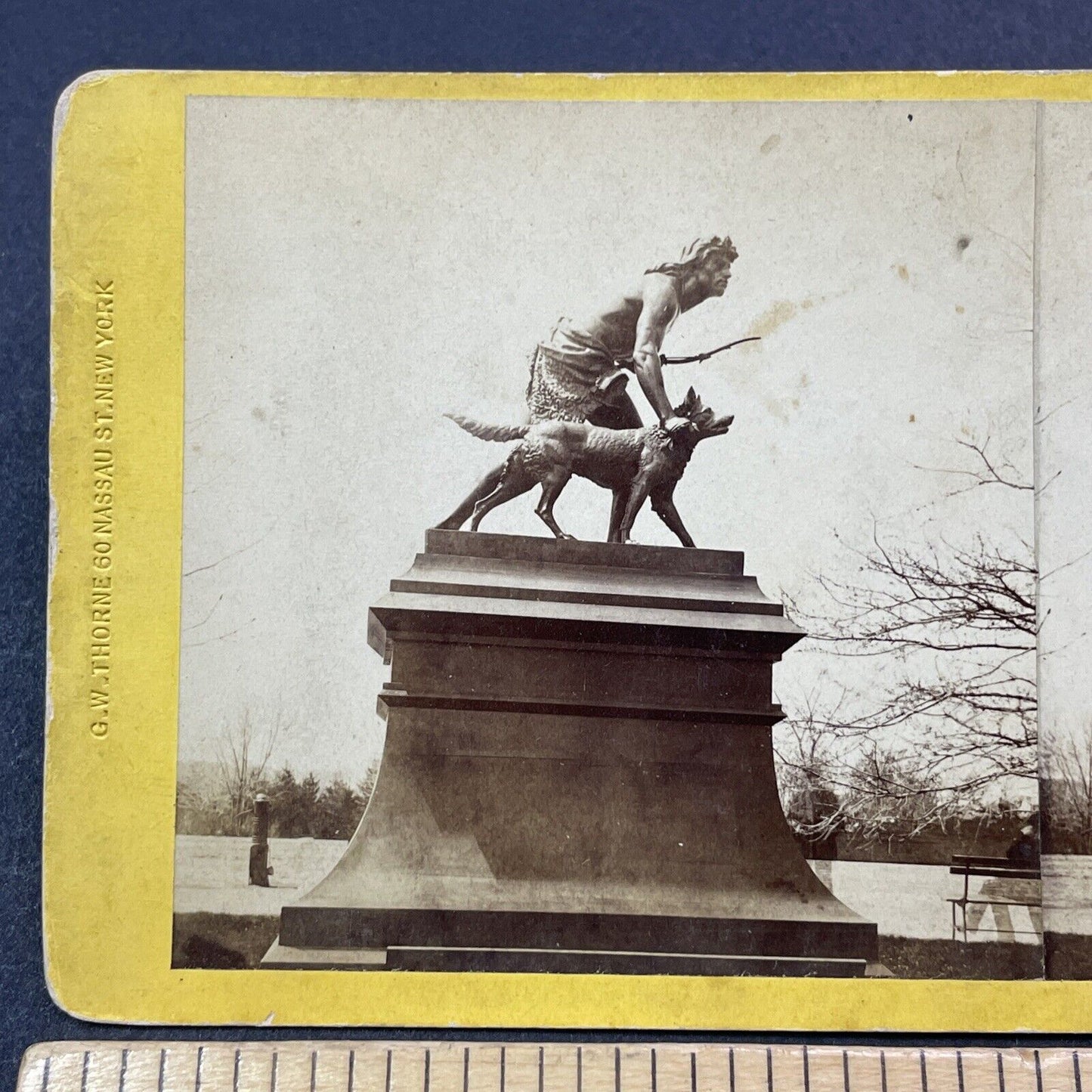 Antique 1870s Indian Hunter Central Park Manhattan Stereoview Photo Card V1945