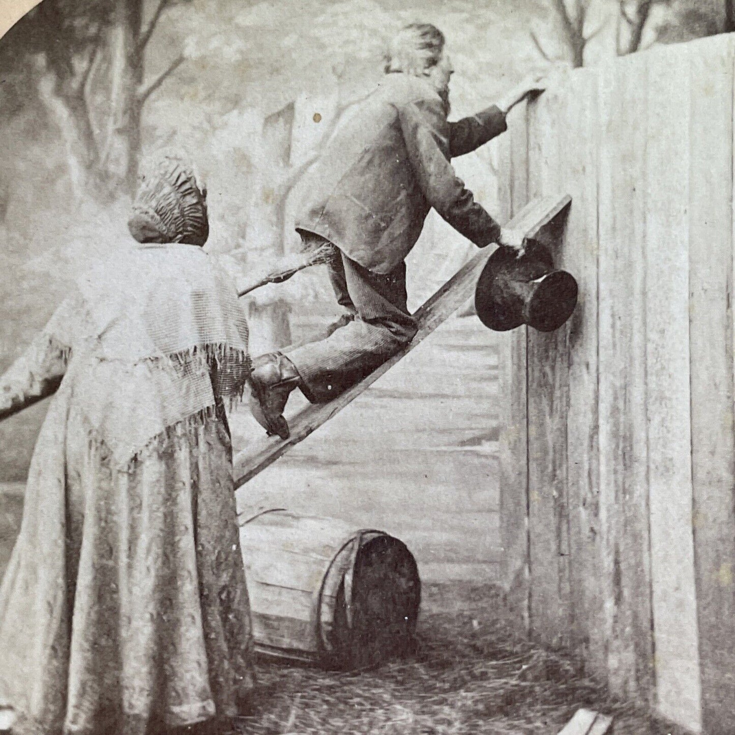 Antique 1875 Husband And Wife Spy On Neighbors Stereoview Photo Card P1648