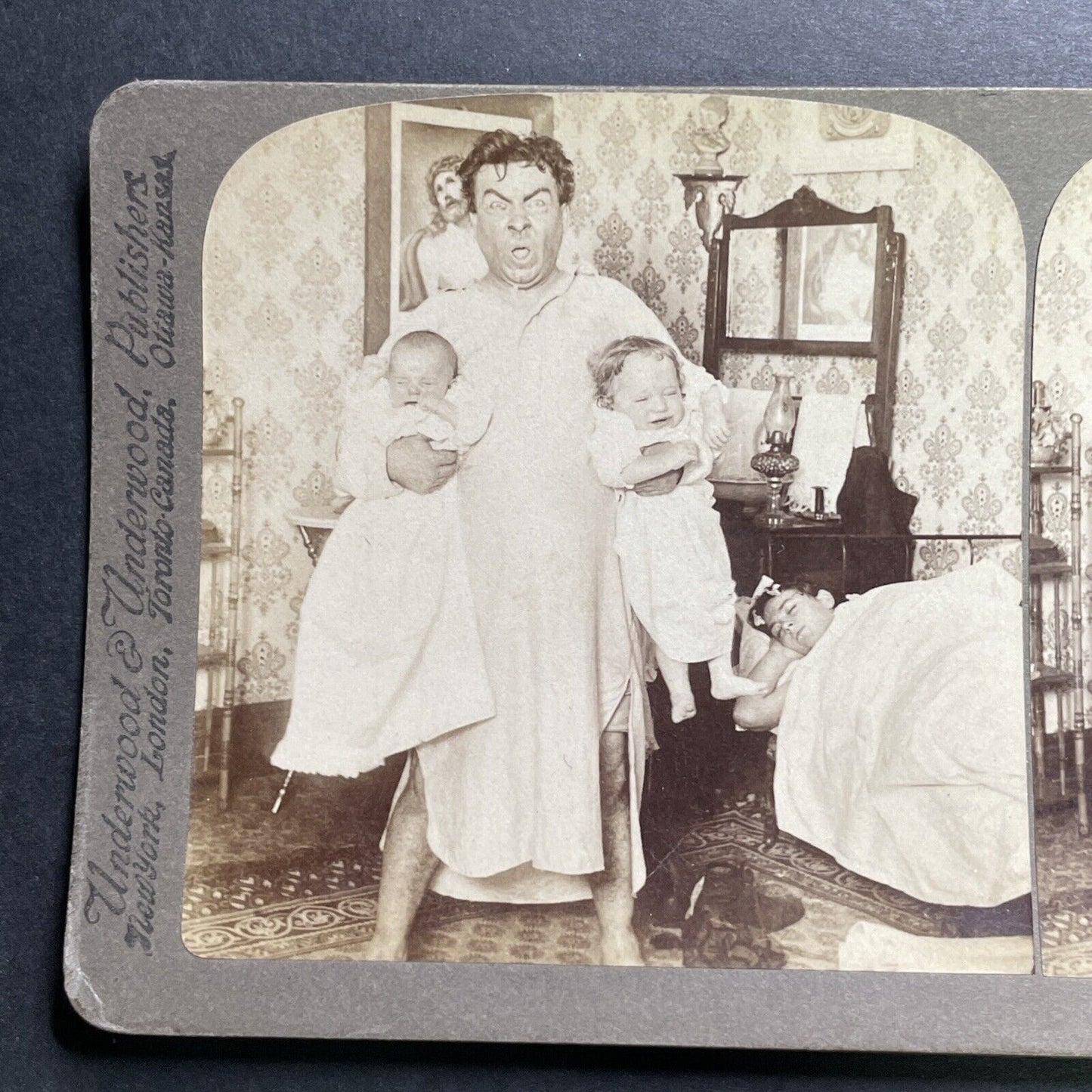 Antique 1897 Father Overwhelmed Sleepless Children Stereoview Photo Card P1352